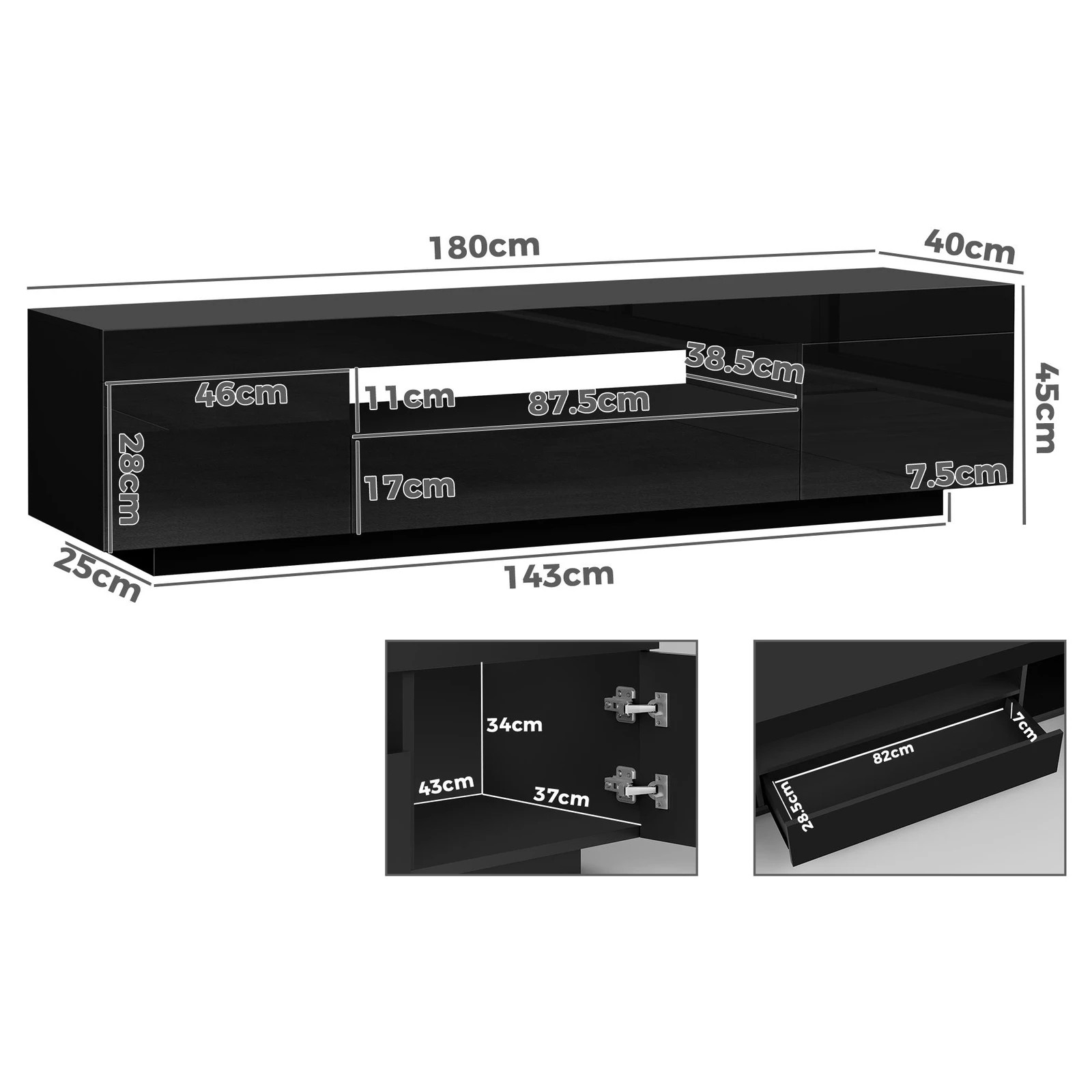 2 Alfordson Entertainment Unit 180cm TV Cabinet Stand LED Light Gloss - Black, 2 of 10