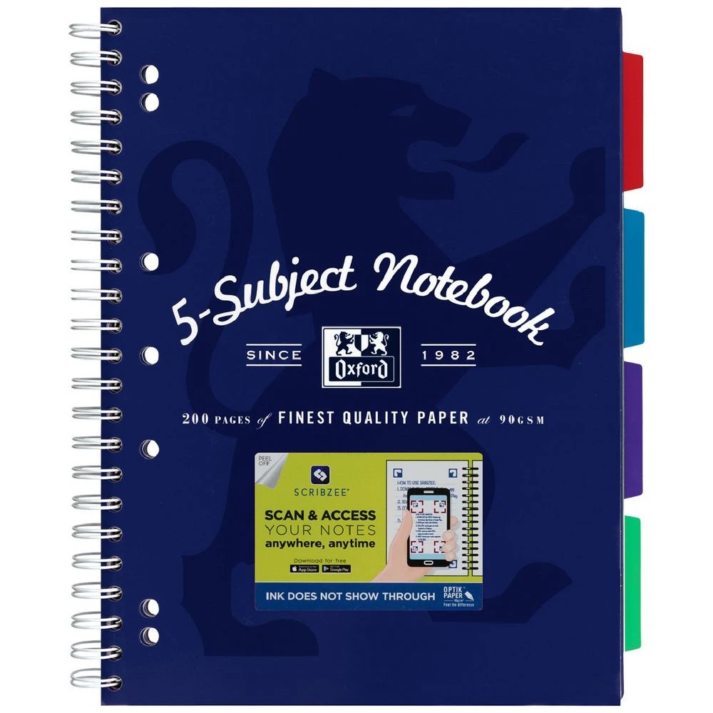 1 Oxford A4 5 Subject Notebook 200 Pages with Scribzee App Navy, 1 of 7