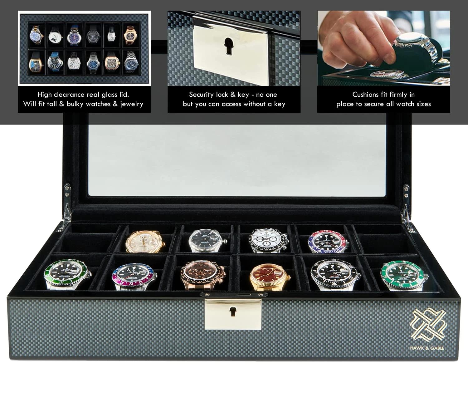 7 HAWK & GABLE 12 Slot Watch Box Organizer Luxury Jewellery Case BLACK, 7 of 8
