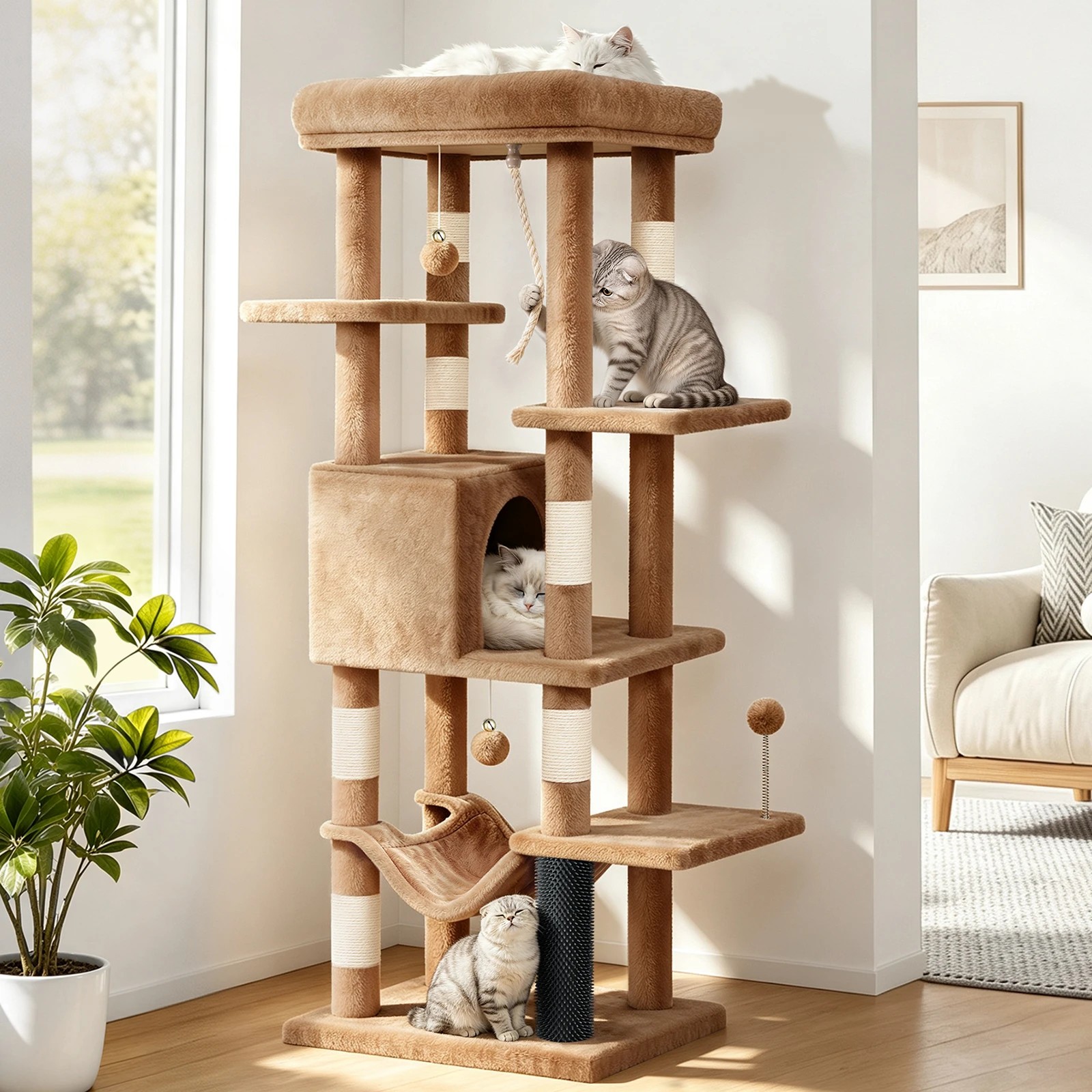 1 Beastie Cat Tree Tower 153cm Scratching Post Scratcher Light - Brown, 1 of 4