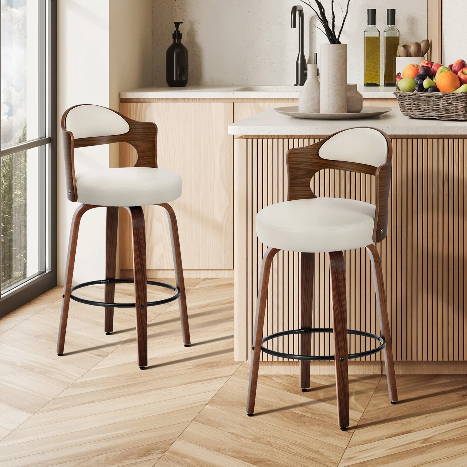 3 Oikiture 2x Bar Stools Kitchen Swivel Counter Chair Shell Leather - White, 3 of 8