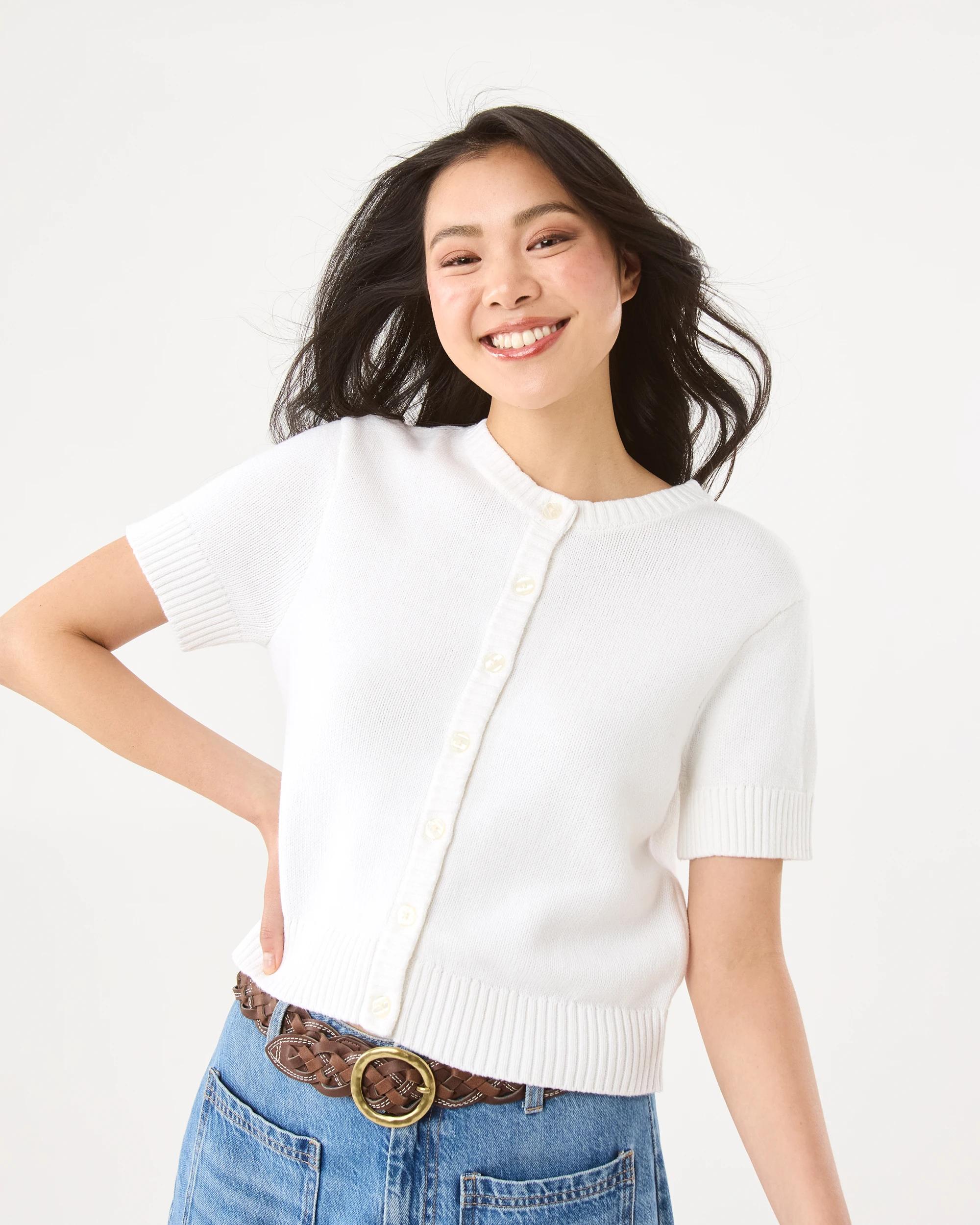 1 Short Sleeve Button Up Cardigan White, 1 of 8