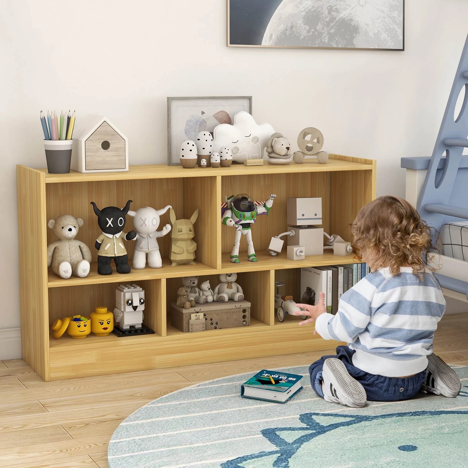 4 Costway Wooden Toy Organiser 5-Cube Cabinet Bookcase - Natural, 4 of 5