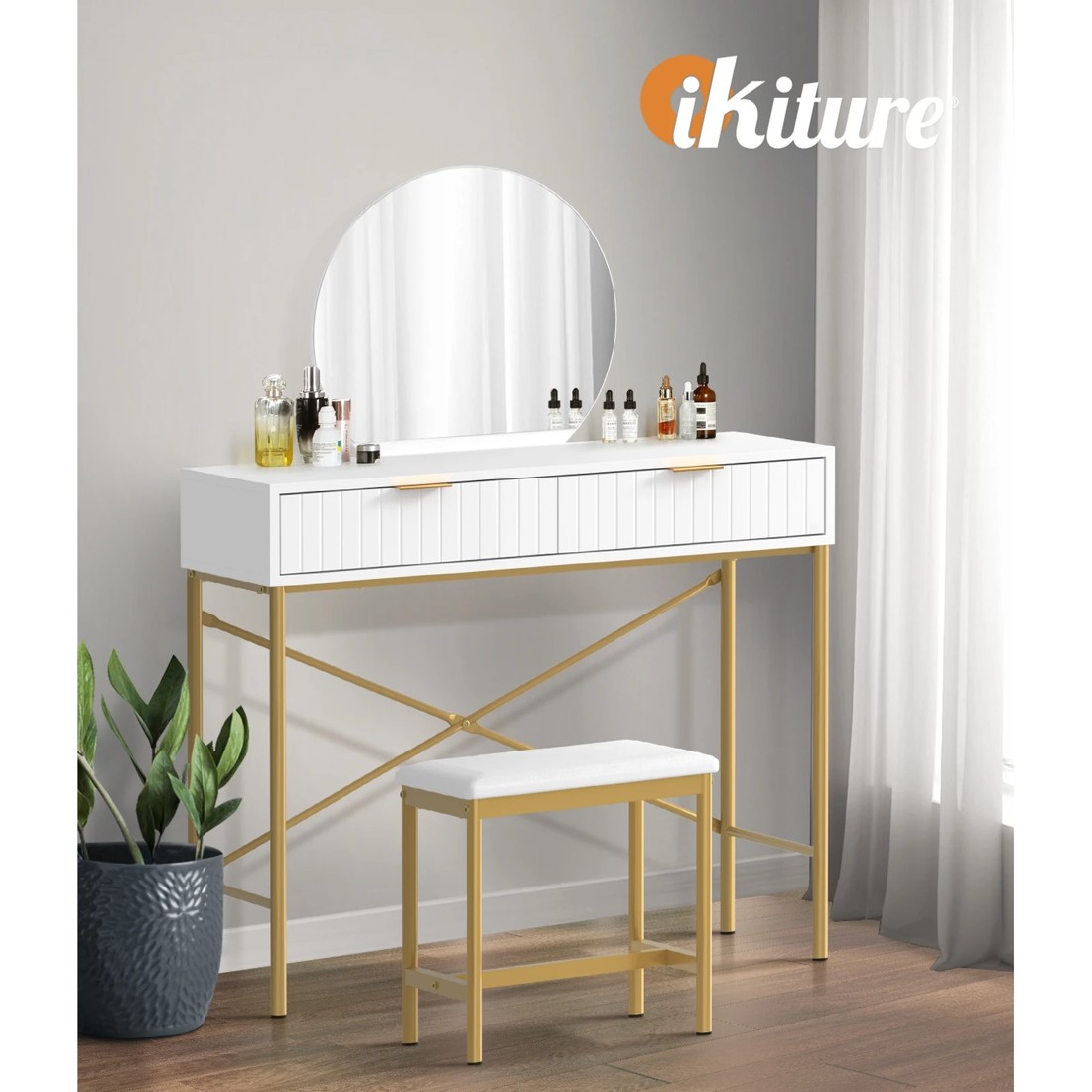 5 Oikiture Dressing Table Stool Set With Mirror Vanity Makeup Desk 2 Drawers
 - White, 5 of 9