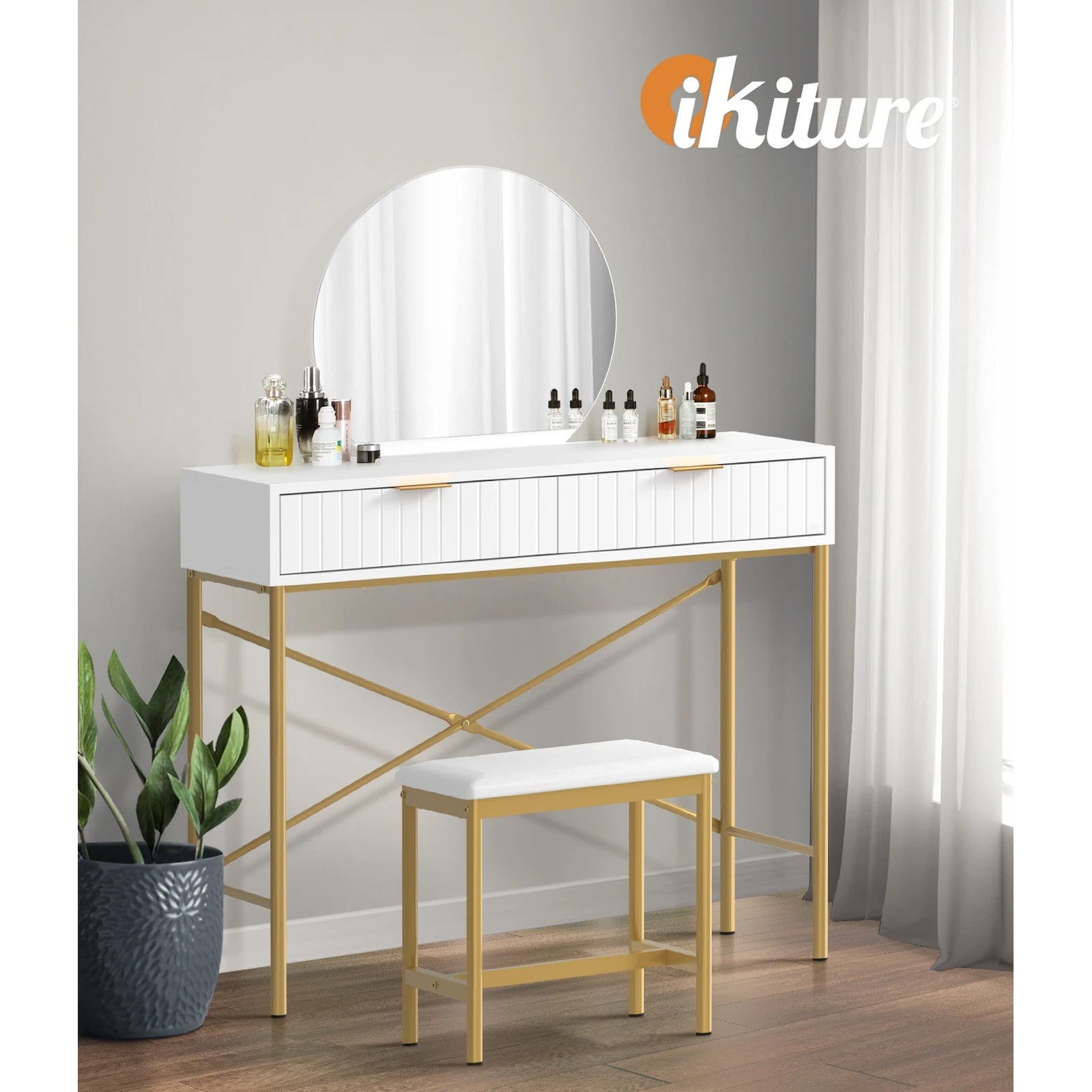 5 Oikiture Dressing Table Stool Set With Mirror Vanity Makeup Desk 2 Drawers
 - White, 5 of 9