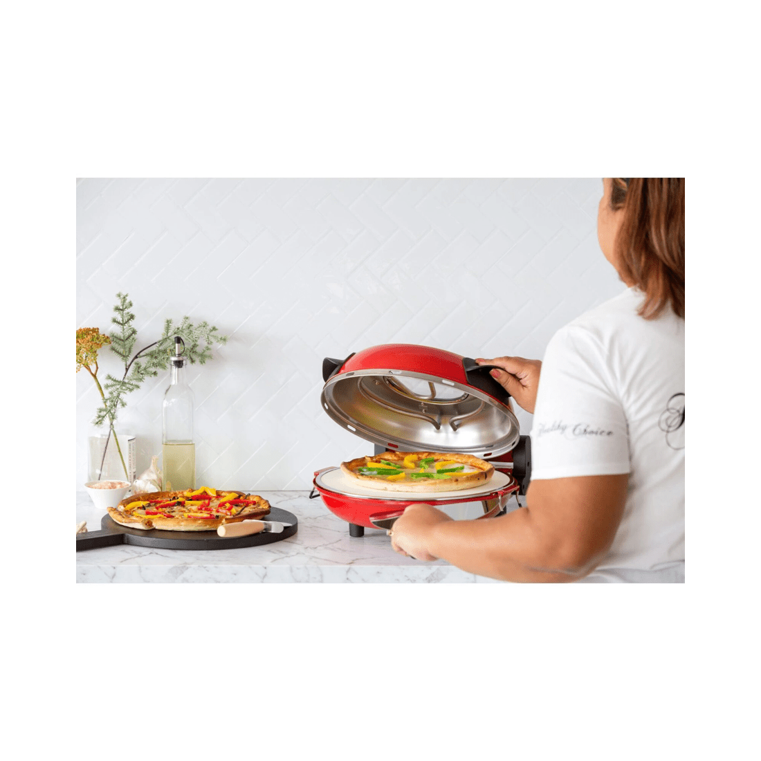 3 Healthy Choice 12-inch Pizza Oven with Thermal Control, Timer, Viewing Window, and Removable Stone - Red, 3 of 4