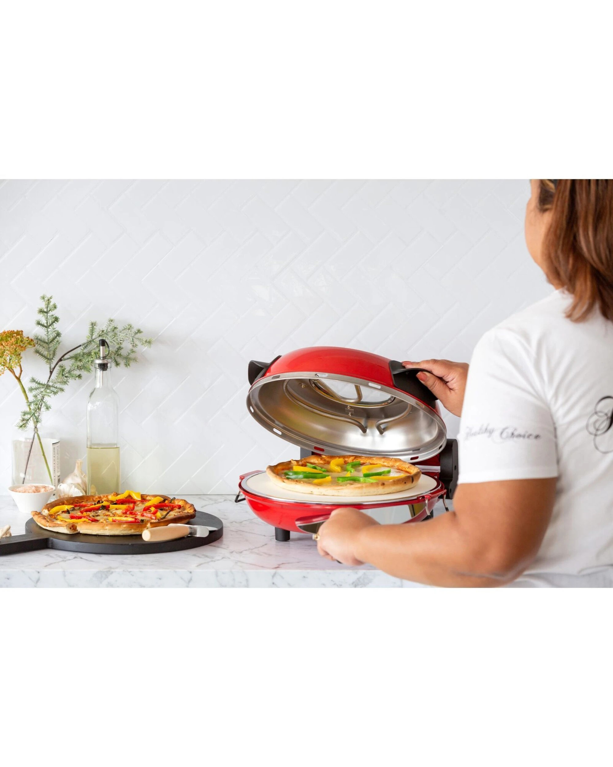 3 Healthy Choice 12-inch Pizza Oven With Thermal Control, Timer, Viewing Window, And Removable Stone - Red, 3 of 4