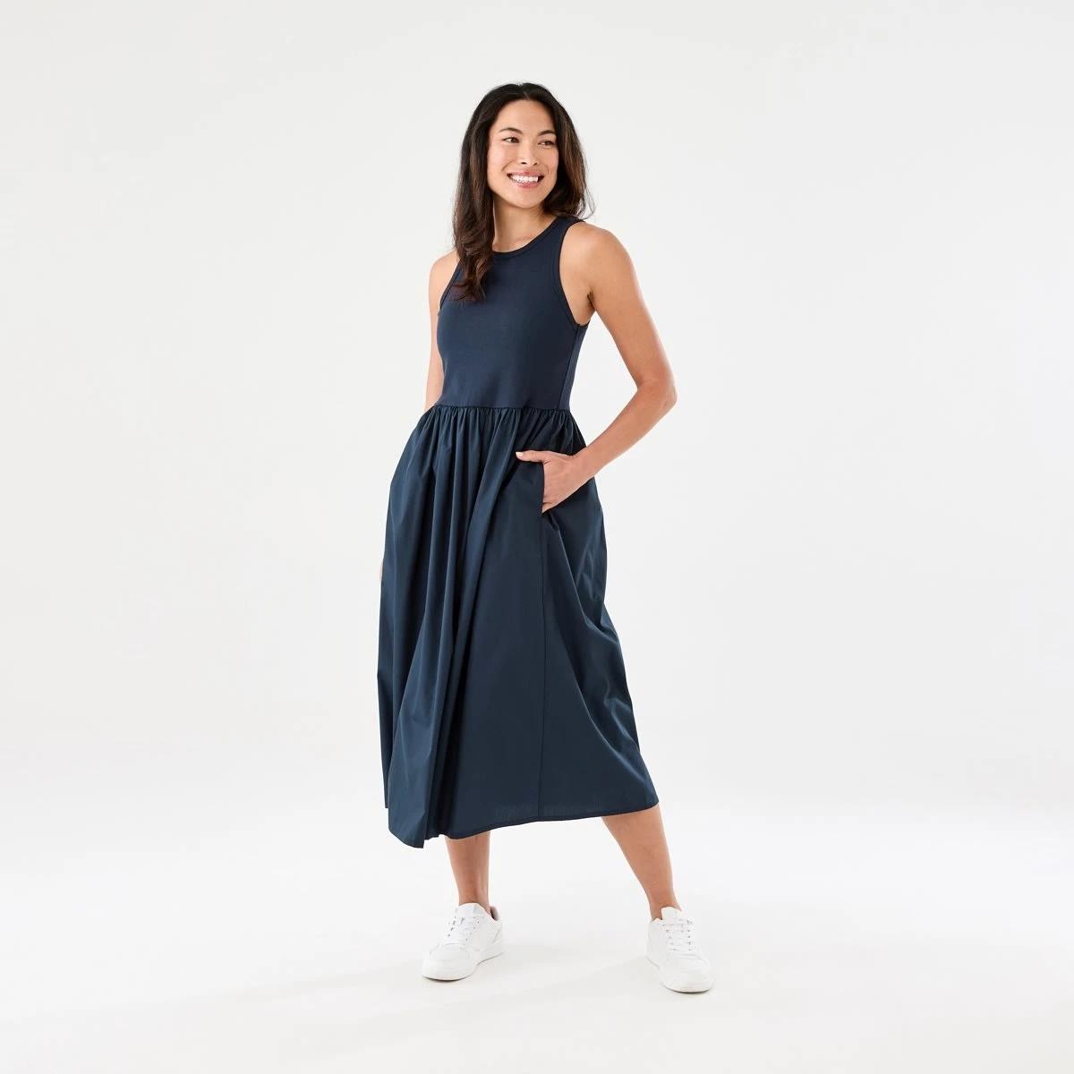 1 Sleeveless Racer Knit Woven Midi Dress Navy Blaze, 1 of 6