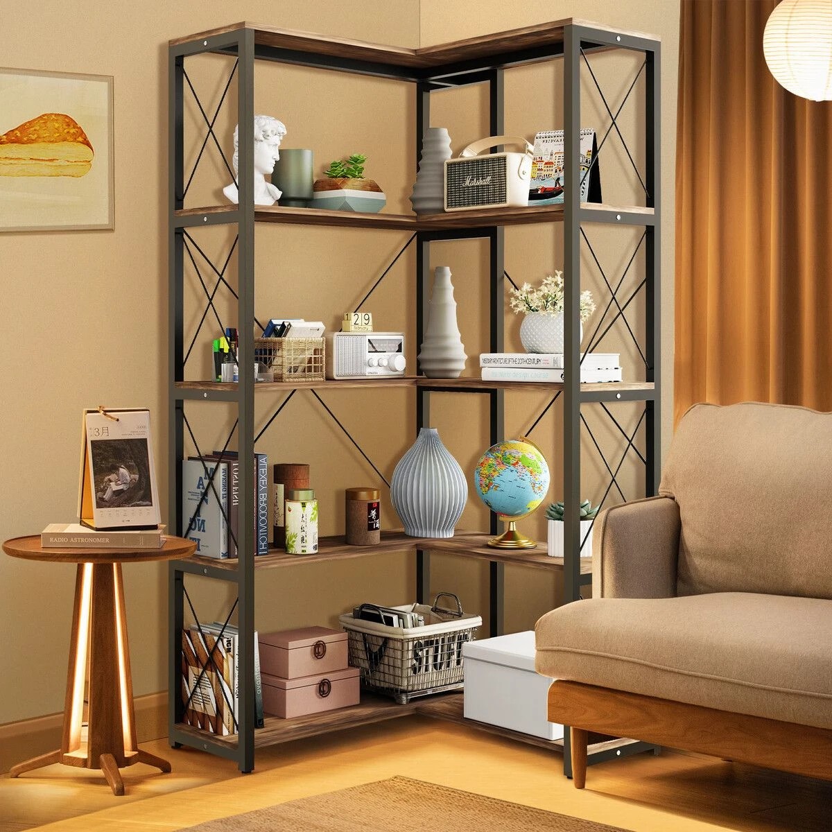 4 LUXSUITE Bookshelf Display Corner Shelf 4 Tier Metal Black, 4 of 5