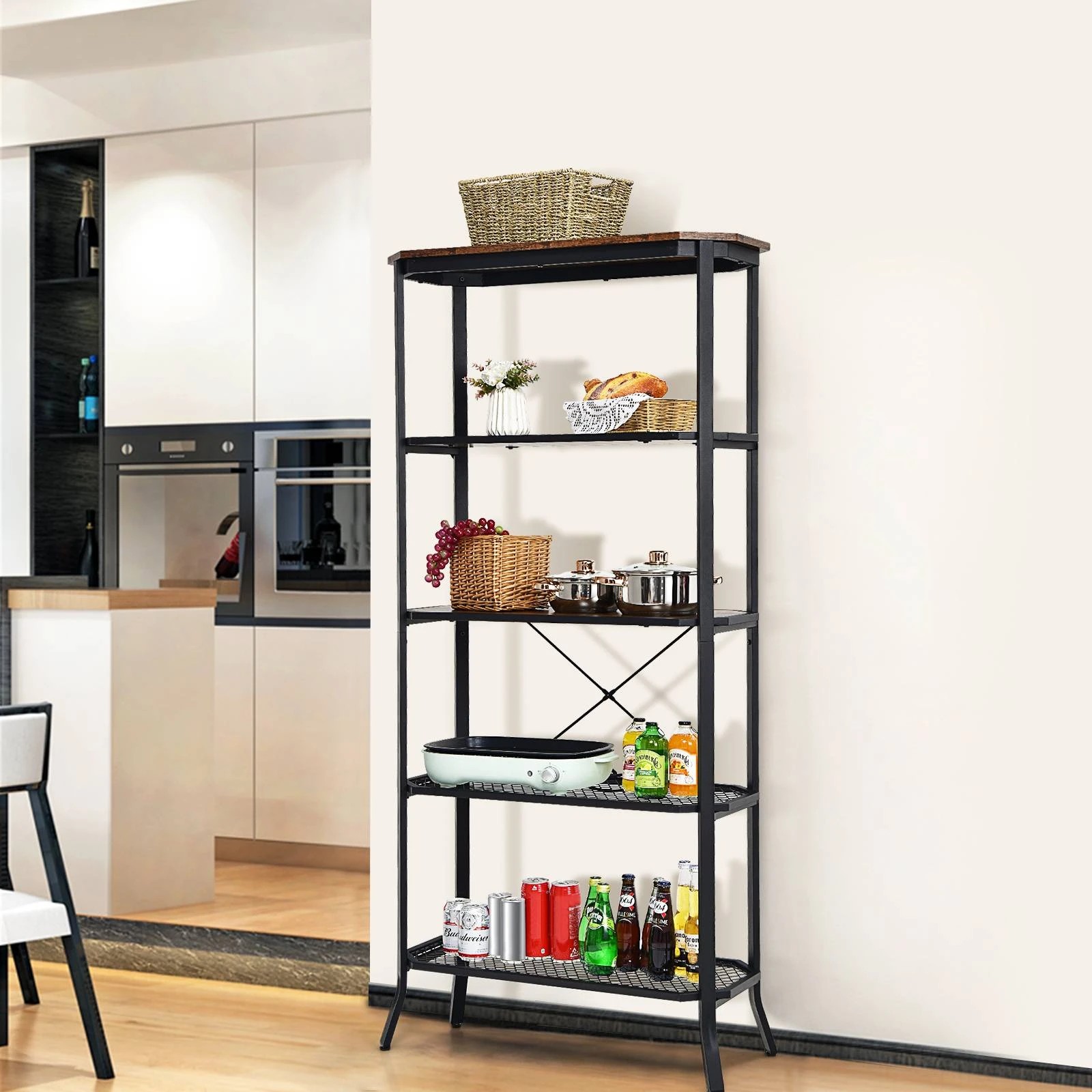2 Costway 5-Tier Kitchen Storage Rack Steel Frame Organizer Shelf Wood Display Cabinet - Brown, 2 of 5