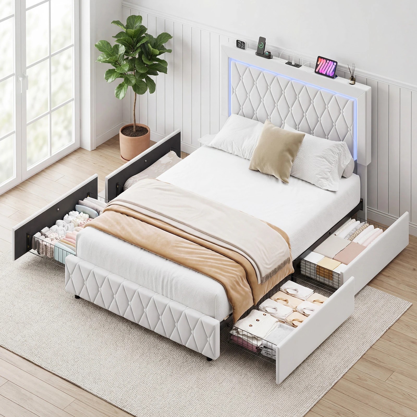 8 Advwin Double Velvet LED Bed Frame with Drawers and Charging - Beige, 8 of 8
