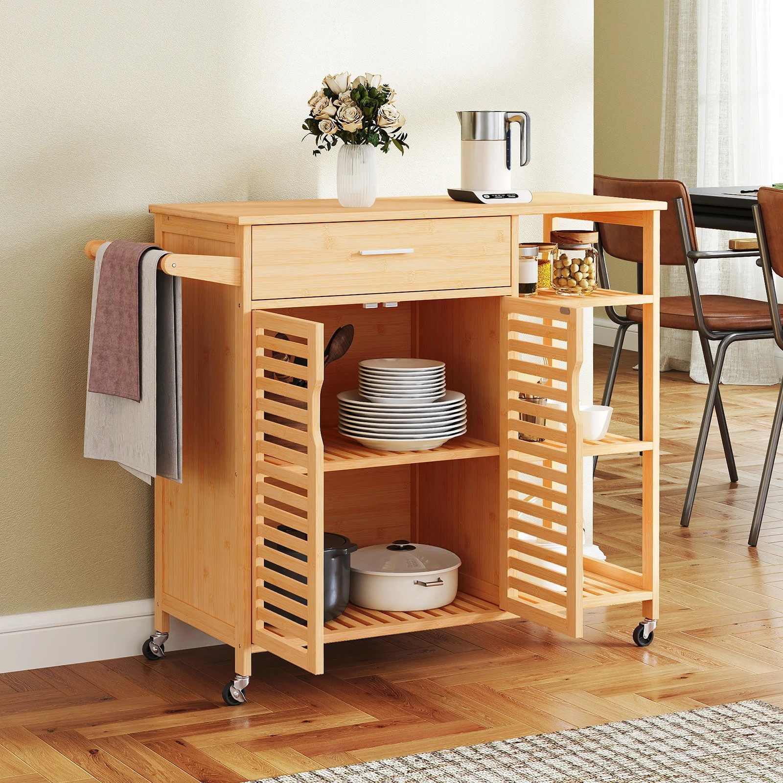 3 Costway Kitchen Island Trolley Cart Natural Look, 3 of 4