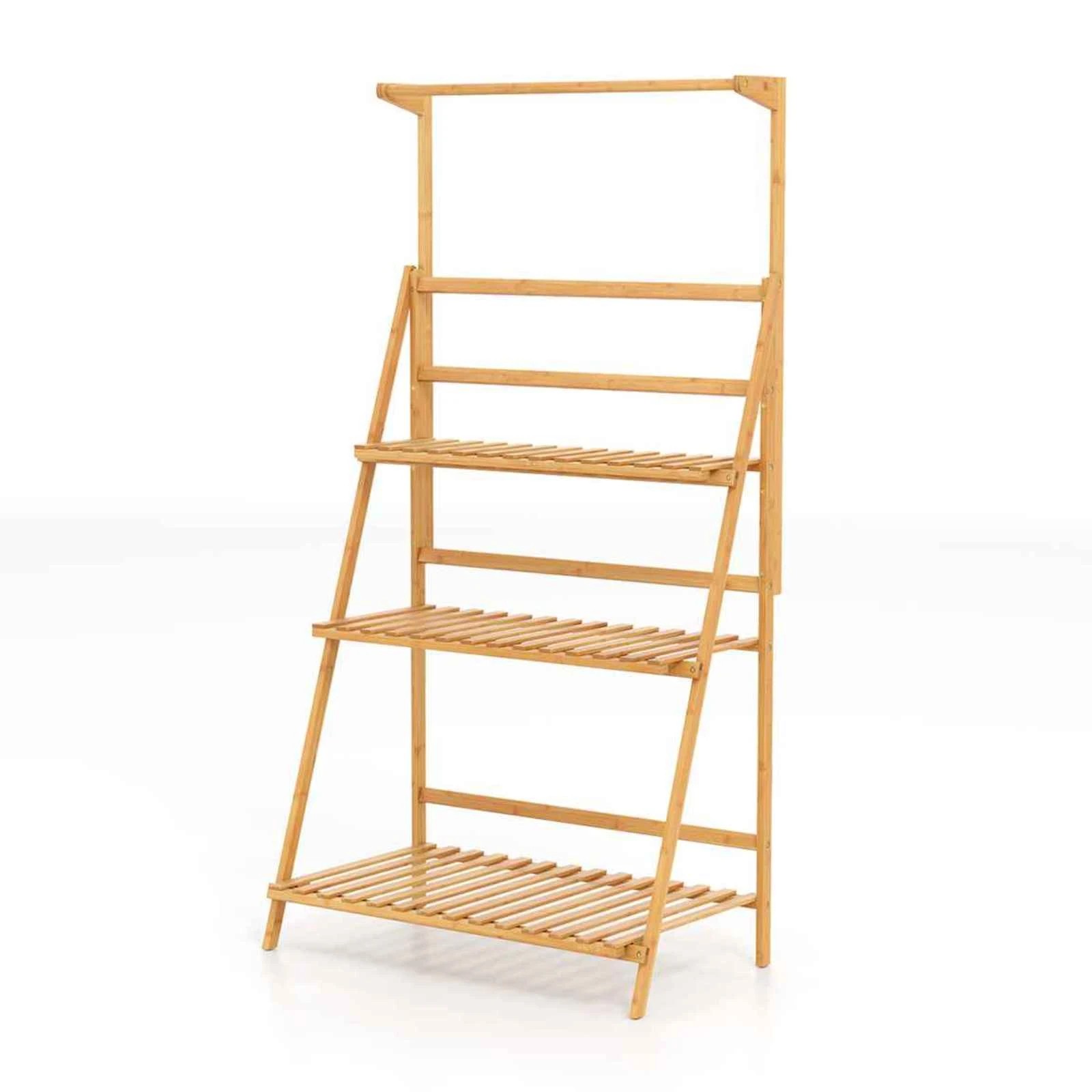 1 Costway 3-Tier Plant Stand Bamboo Ladder Plant Pot Stand Folding Flower Rack Height Adjustable, 1 of 1