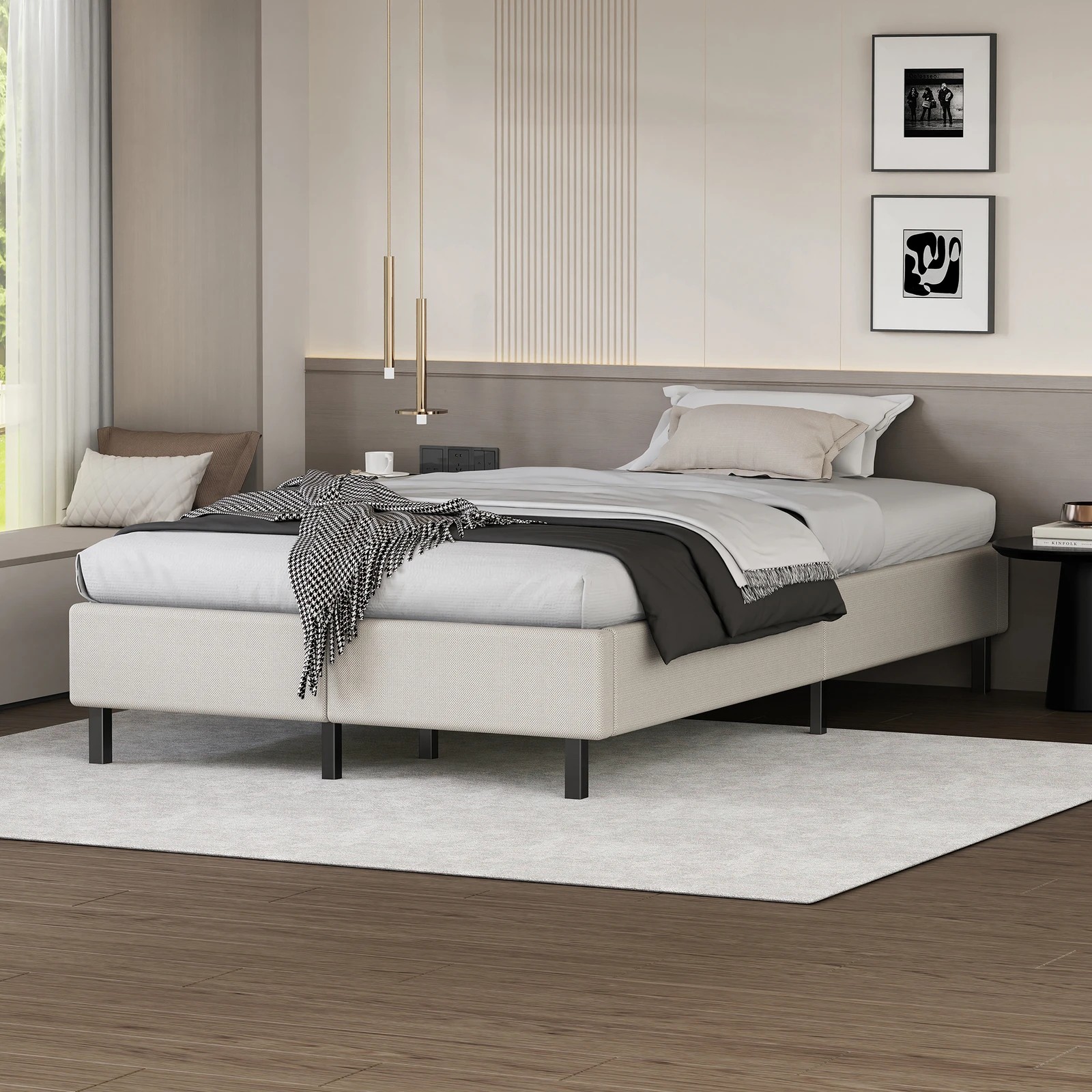2 Alfordson Bed Frame King Single Mattress Base Foundation Beige Fabric Basel - Beige, 2 of 10