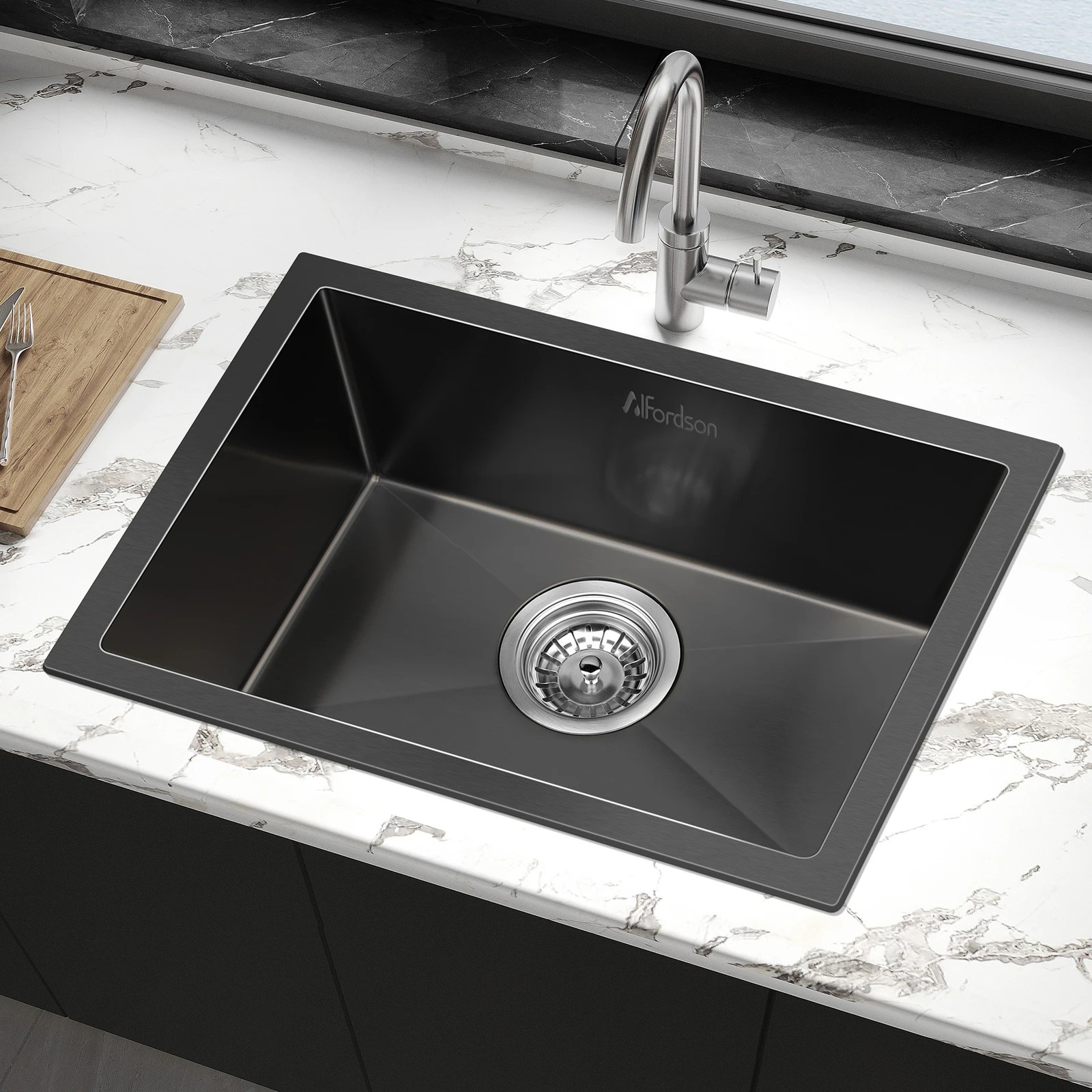 2 Alfordson Kitchen Sink 45x30cm Stainless Steel Basin Single Bowl - Black, 2 of 9