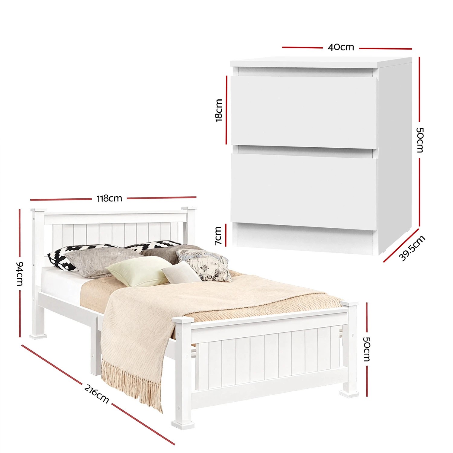 2 Artiss King Single Bed Frame and Bedside - White, 2 of 7