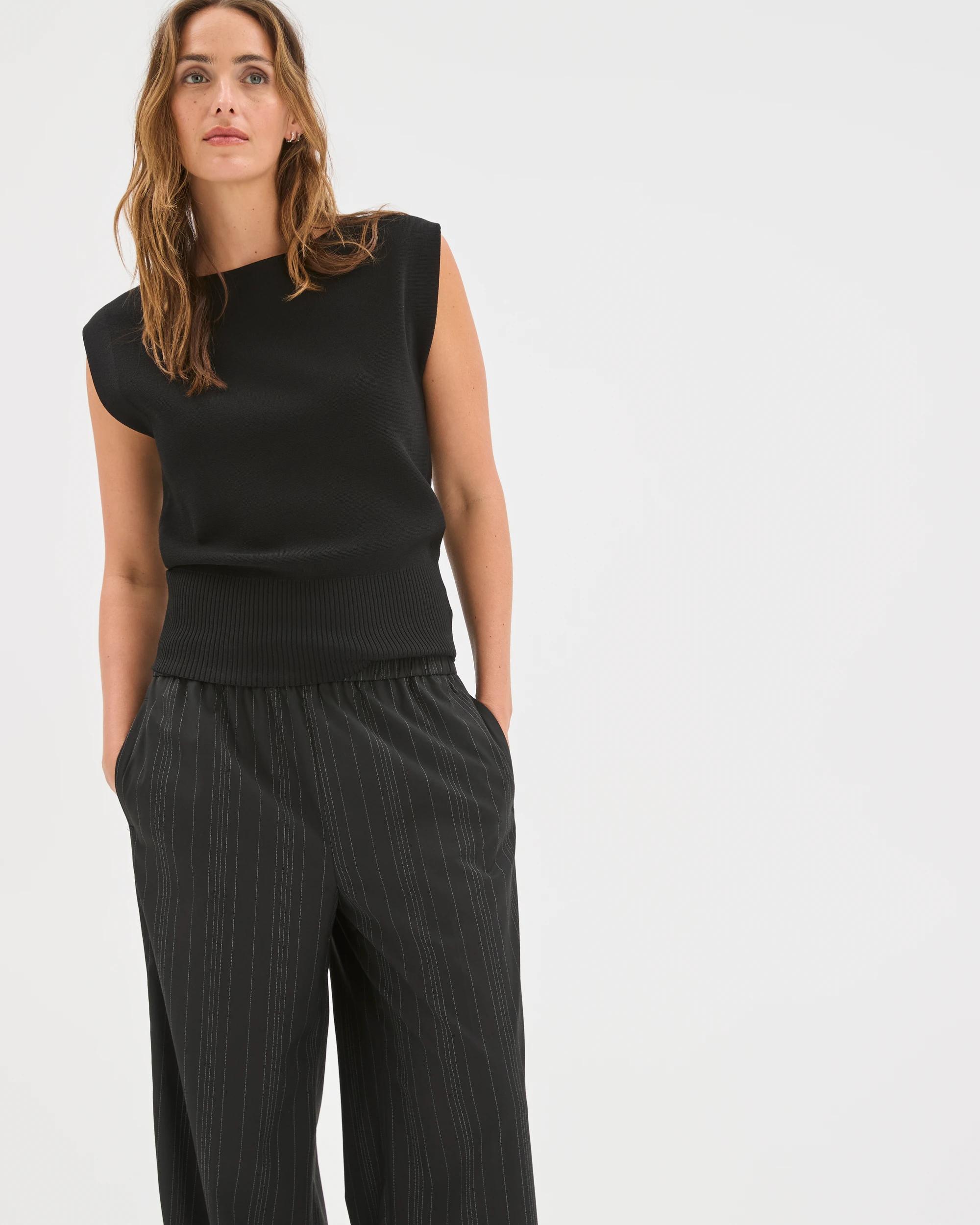 3 Preview Elastic Waist Tailored Pants BLACK BROKEN STRIPE, 3 of 7