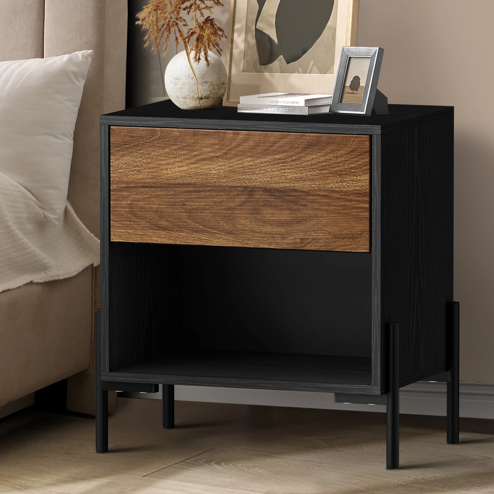 1 Oikiture Bedside Table Drawer Nightstand Storage Open Shelf - Multi, 1 of 9
