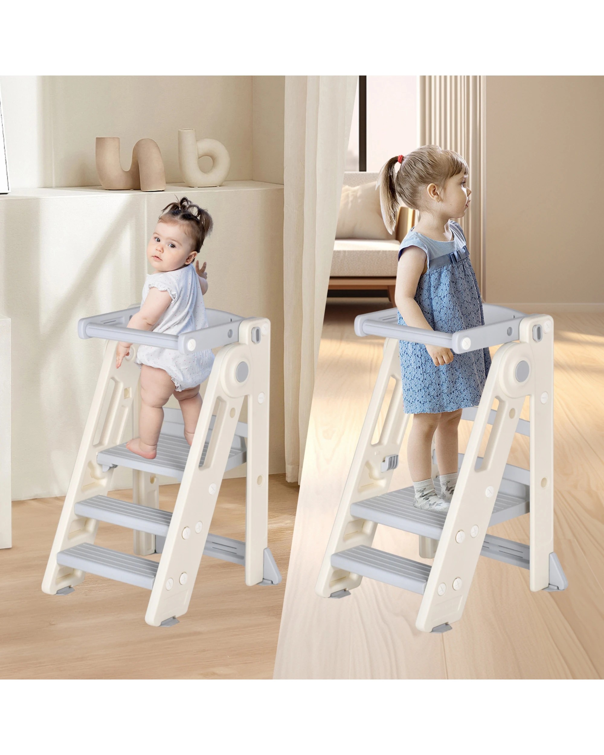 9 Advwin Foldable Kids Step Stool Sink Standing Tower with Safety Rail 2-3 Steps Adjustable Height Kitchen Helper, 9 of 9