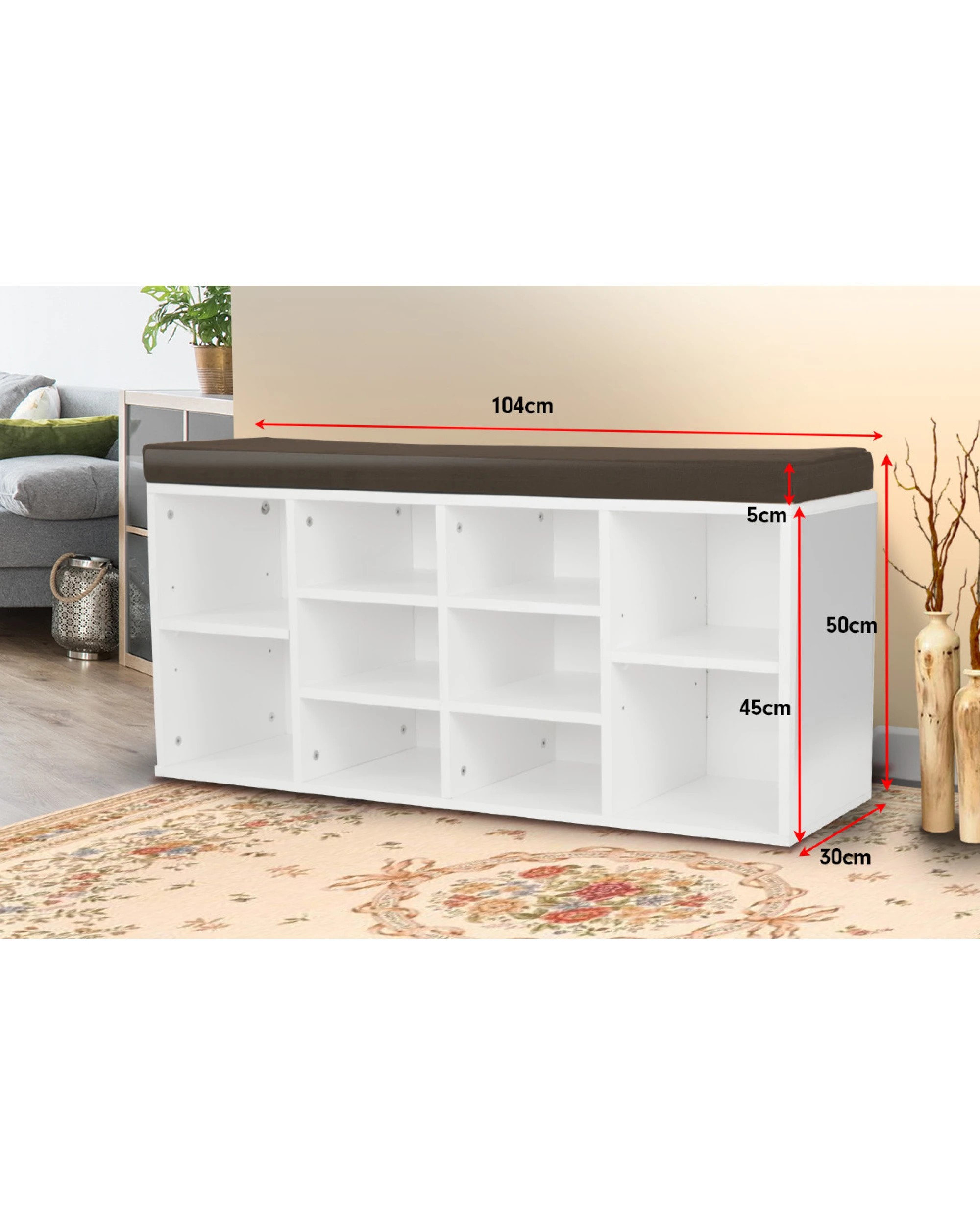 4 Shoe Rack Cabinet Organiser Brown Cushion - 104 x 30 x 45 - White, 4 of 8