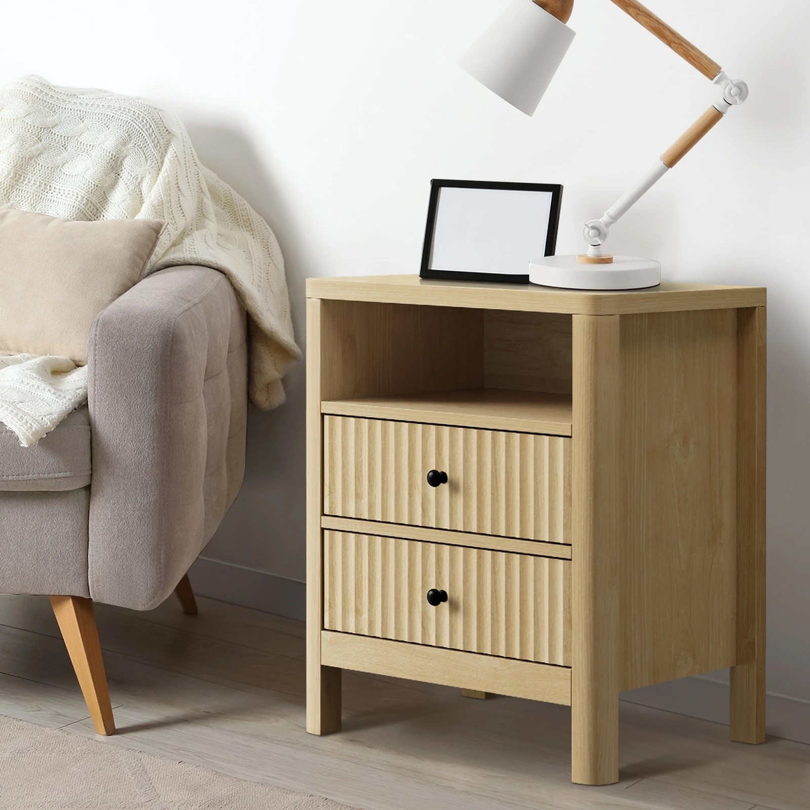 3 Oikiture Bedside Table 2 Drawers Side End Tables Nightstand Open Shelf
 - Natural, 3 of 10