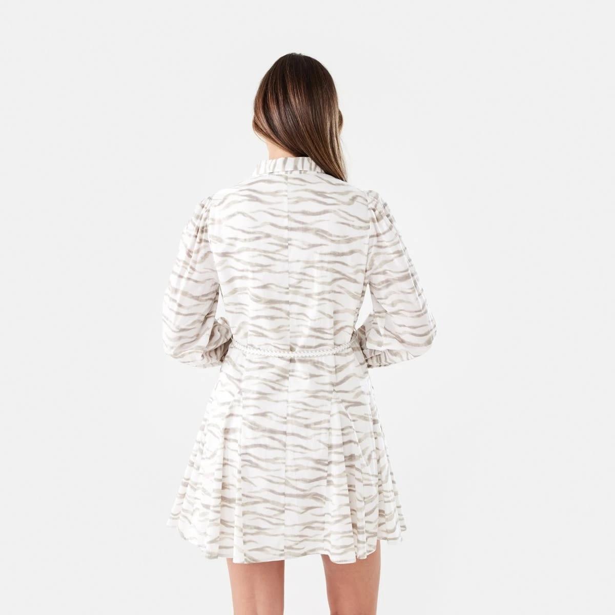 3 Long Balloon Sleeve Tie Waist Mini Dress SOFT ZEBRA CLOUD DANCER, 3 of 8