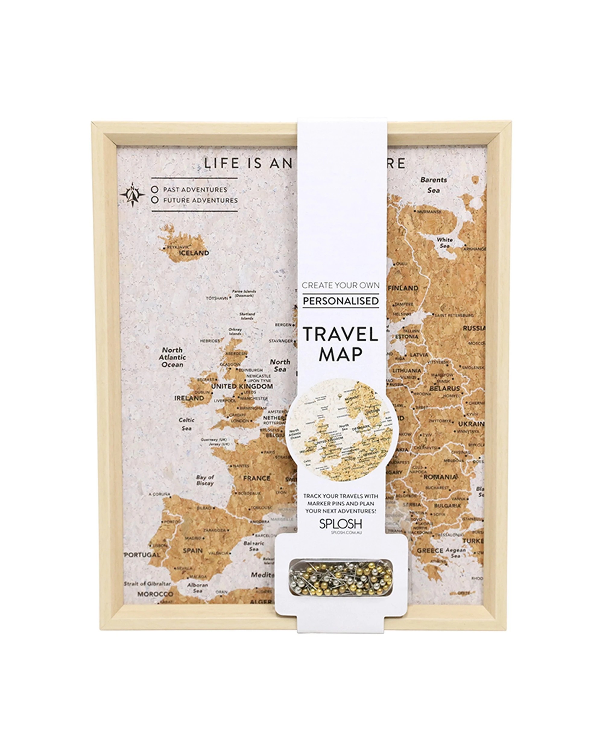 Splosh Travel Cork Board Europe Map Framed Canvas Wall Decor With Pins ...
