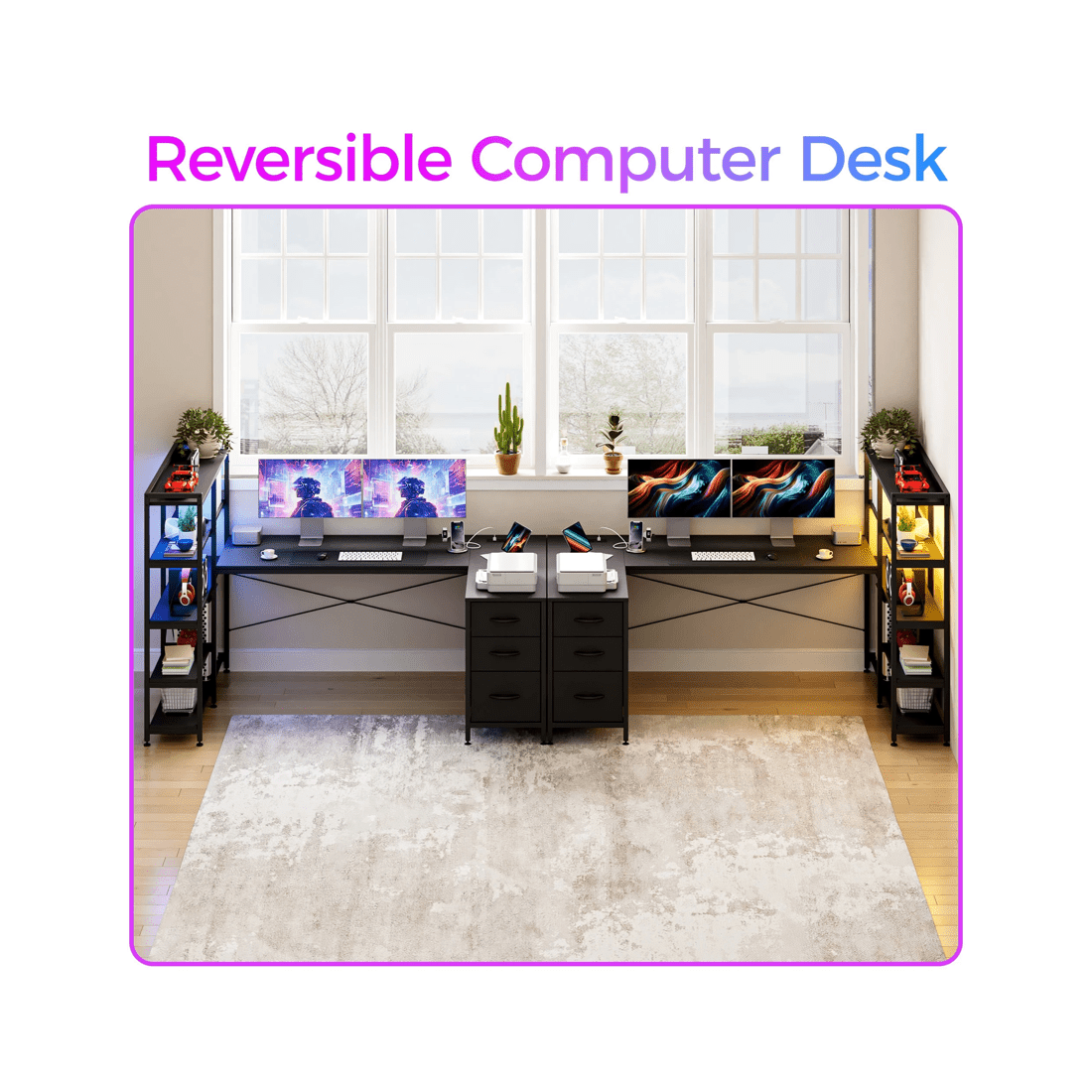 3 Advwin U Shaped Gaming Desk With Led Lights & Power Outlets Reversible 164cm Computer Desk With Bookshelf Black, 3 of 10