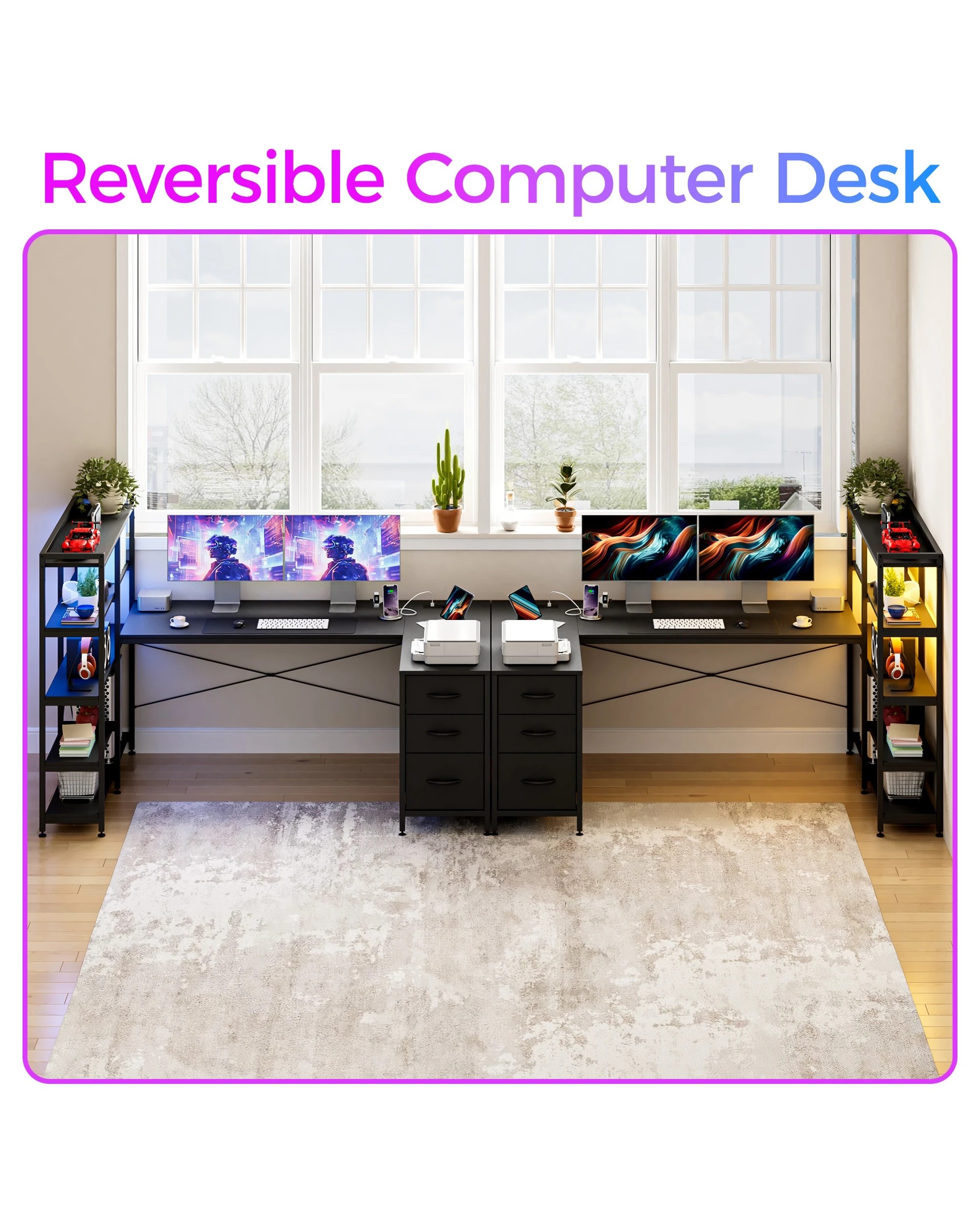 3 Advwin U Shaped Gaming Desk With Led Lights & Power Outlets Reversible 164cm Computer Desk With Bookshelf Black, 3 of 10
