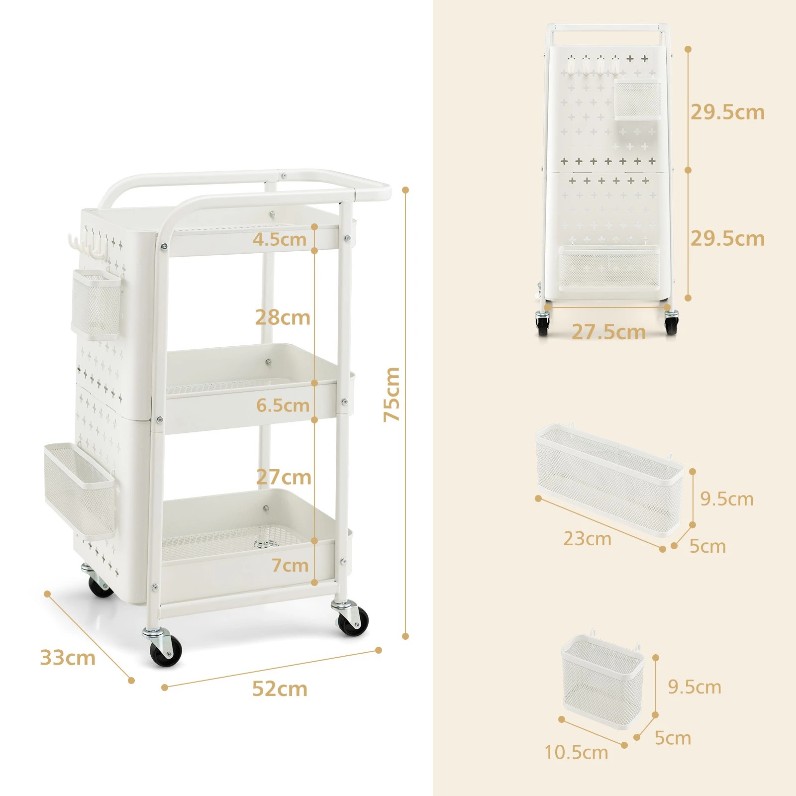 2 Costway 3-Tier Rolling Storage Cart w/Pegboards Mobile Utility Trolley - White, 2 of 4