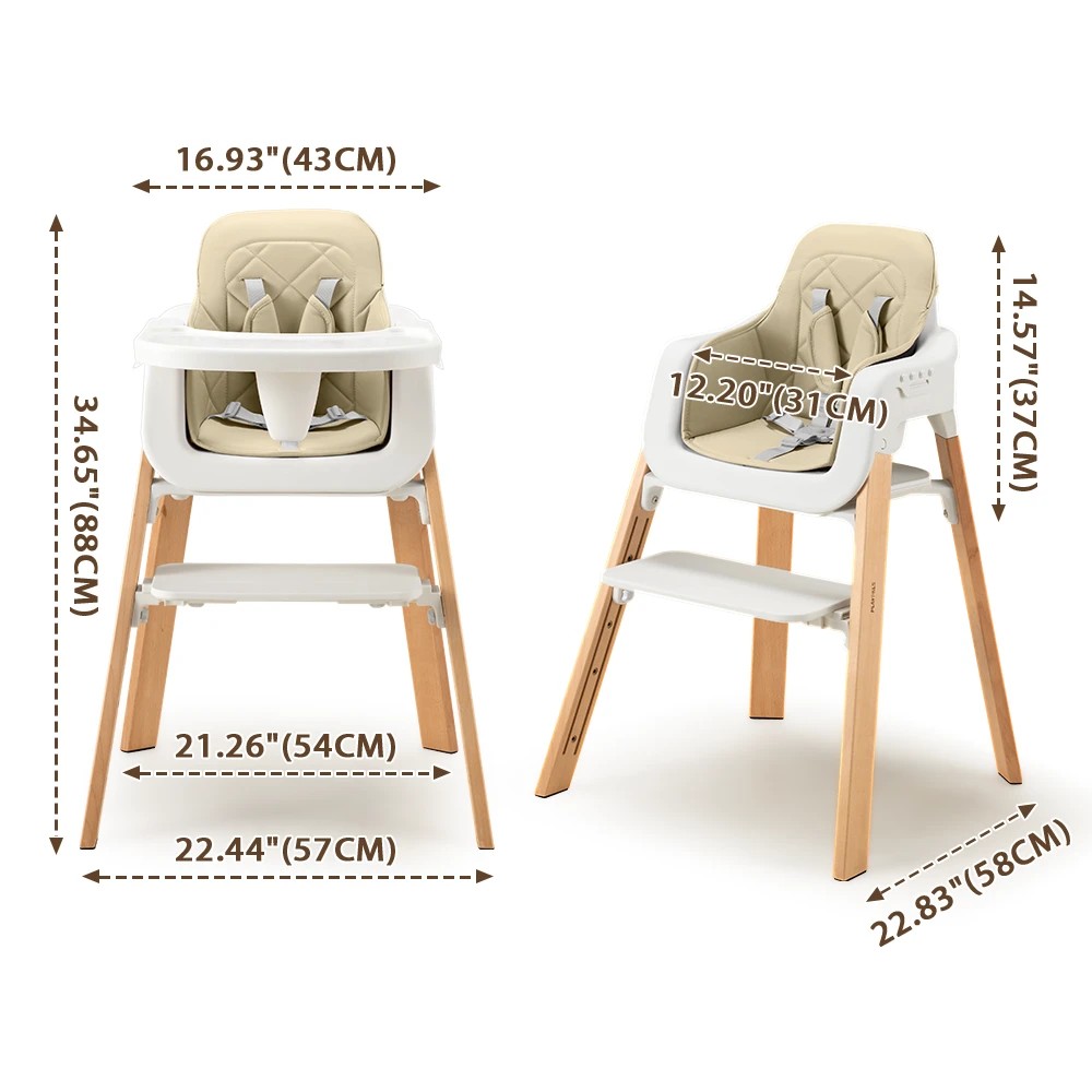 2 PlayPals Baby High Chair 3-In-1 Feeding Seat Adjustable Tray and Footrest - Beige, 2 of 3