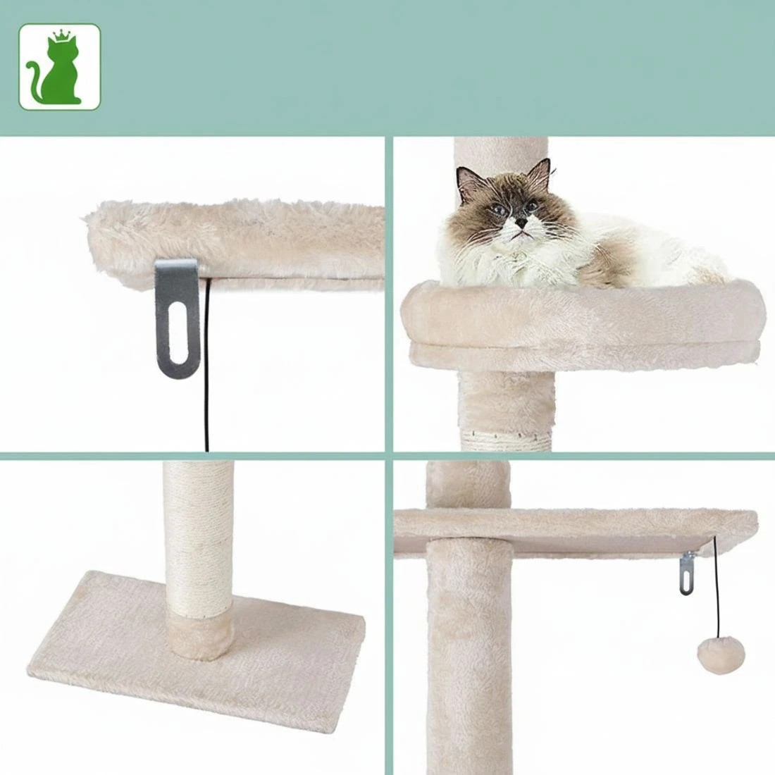 6 i.Pet Cat Tree 290cm Tower Scratching Cats Post Scratcher Floor to Ceiling Bed - White, 6 of 6