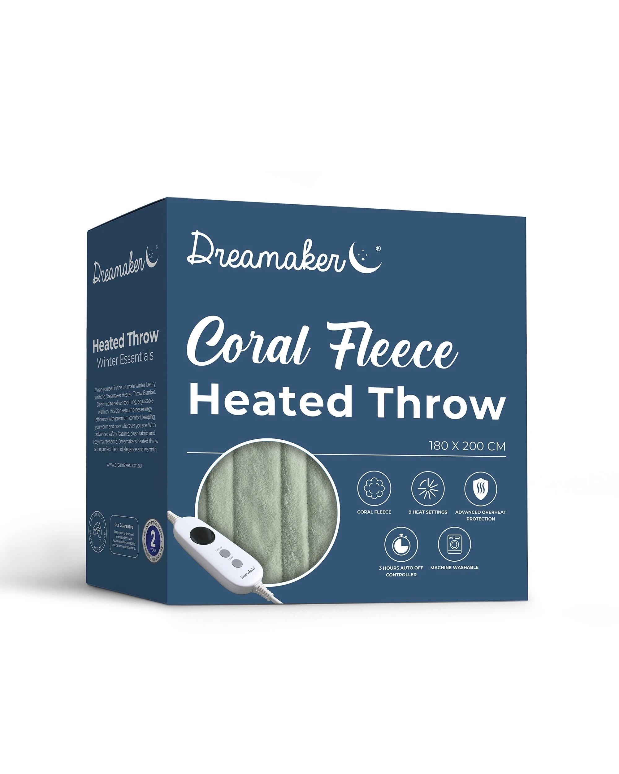 7 Dreamaker Kingston Coral Fleece Electric Heated Throw Blanket 180x200cm - Sage, 7 of 7