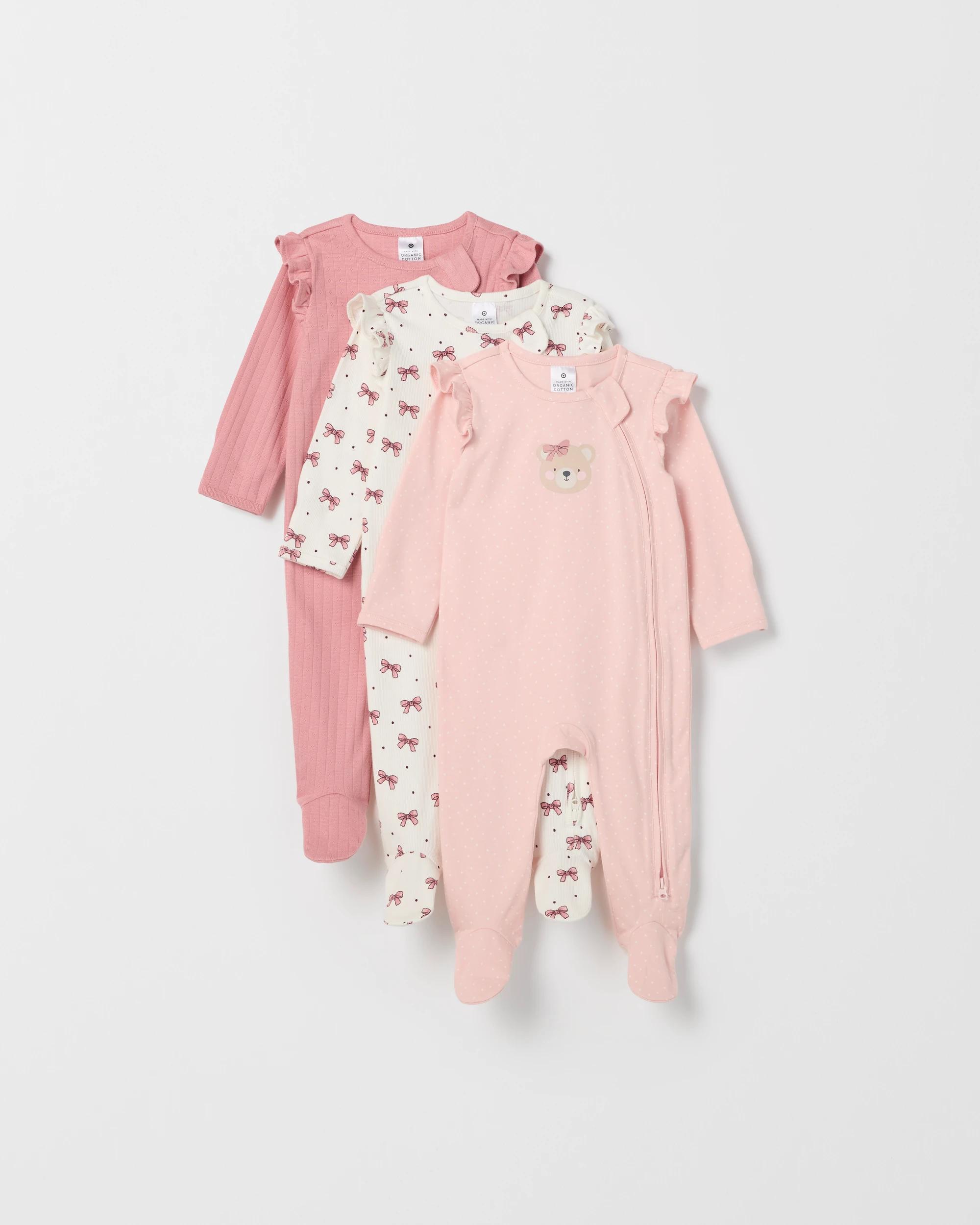 1 Target Baby Organic Cotton 3 Pack Zip Coverall BEAR BOW LOTUS, 1 of 6
