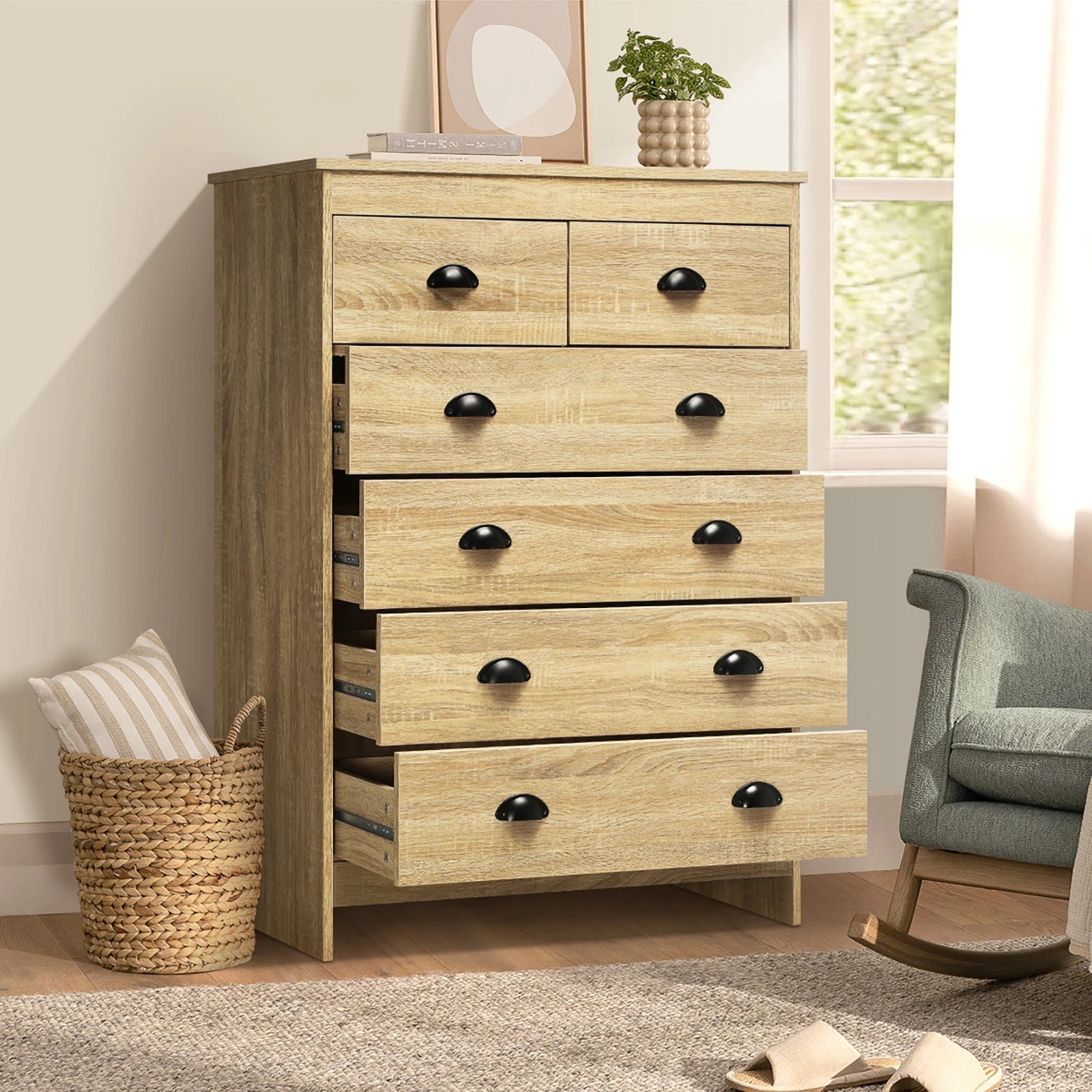 3 Oikiture 6 Chest of Drawers Tallboy Dresser Table Storage Cabinet - Natural, 3 of 9