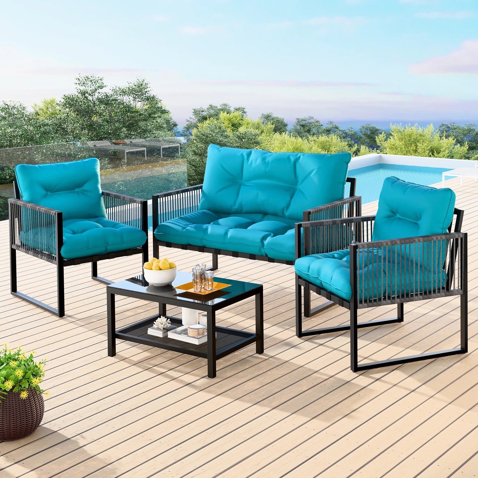 2 Alfordson 4PCS Outdoor Furniture Lounge Set Wicker Table and Chairs Garden - Blue, 2 of 10