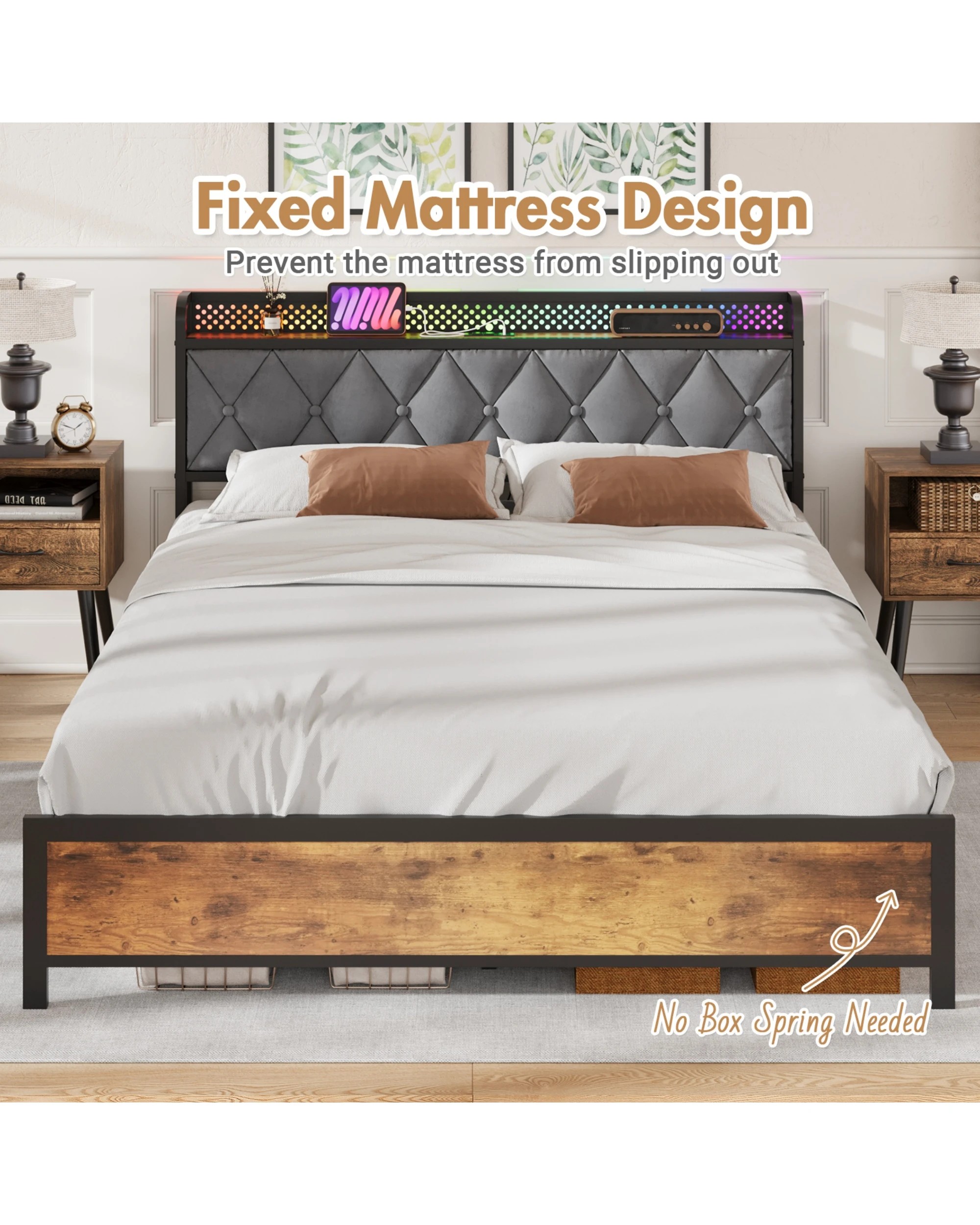 6 Advwin Queen Bed Frame With Charging Station And Rgb Led Lights Storage Headboard Shelf, 6 of 9