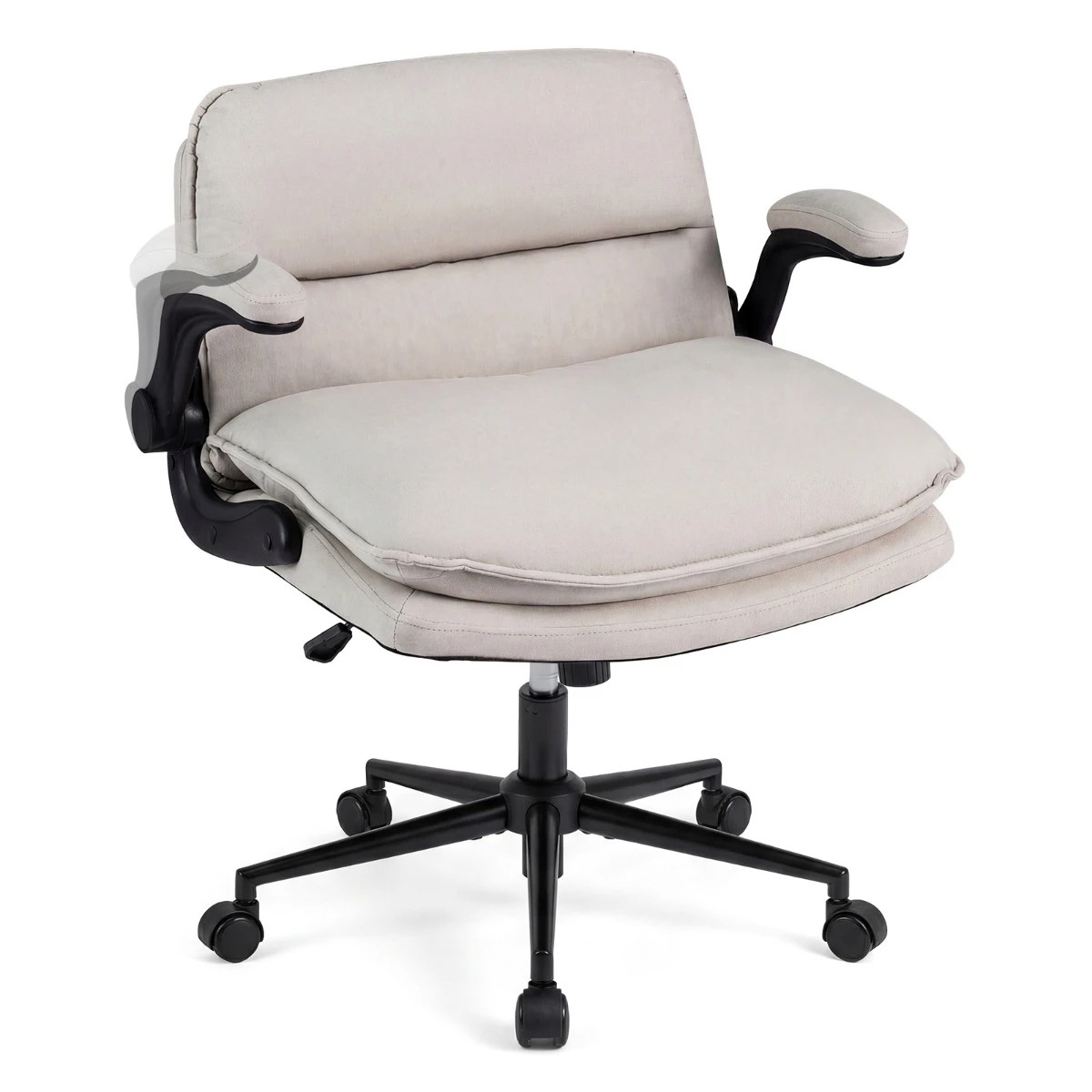 1 Costway Office Desk Chair Flip up Arms Vanity Stool Swivel Criss Cross Armchair w/Backrest - Beige, 1 of 4