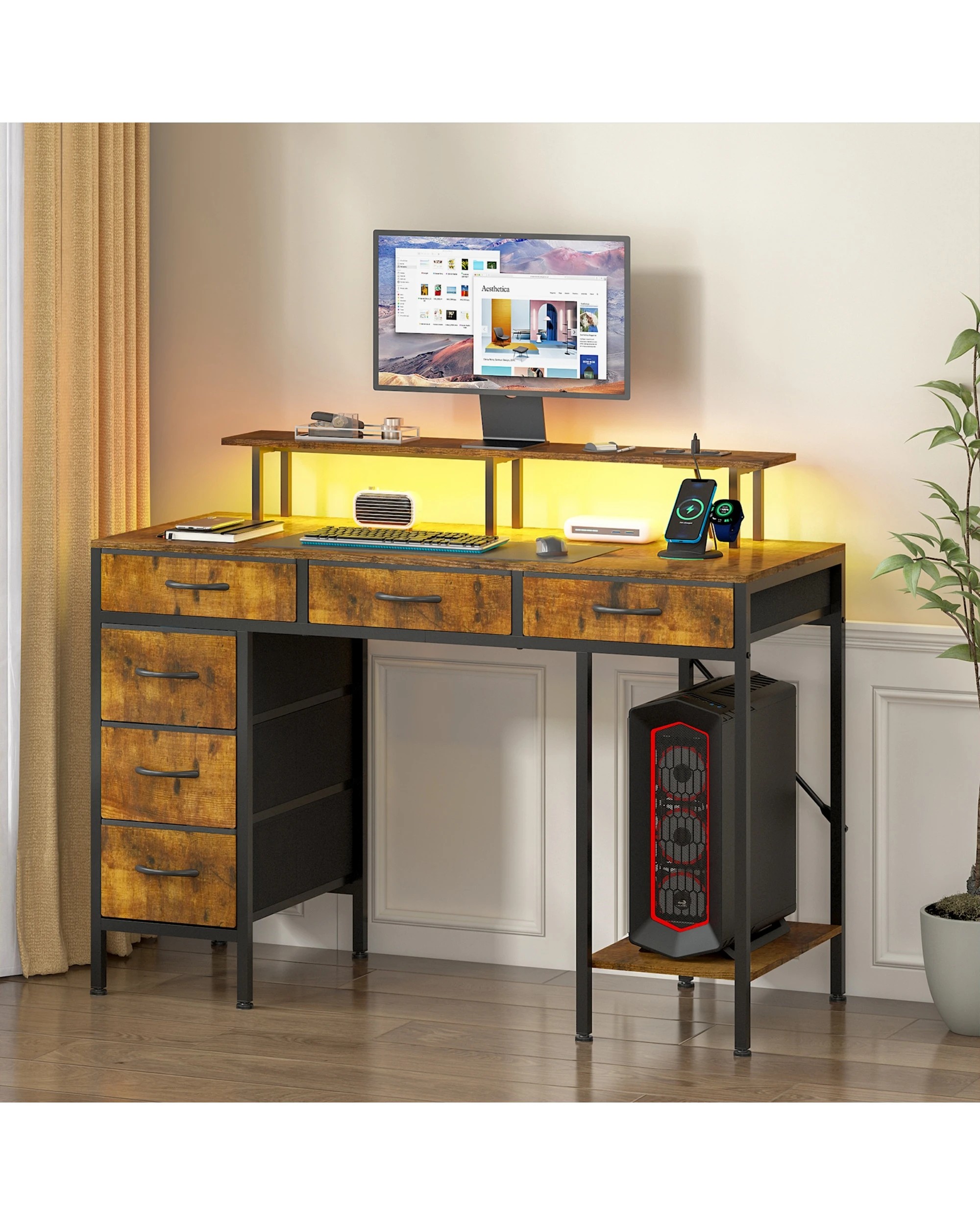 2 Advwin Computer Desk with LED Lights & Power Outlets, 120cm Gaming Desk with 6 Fabric Drawers, 2 of 9