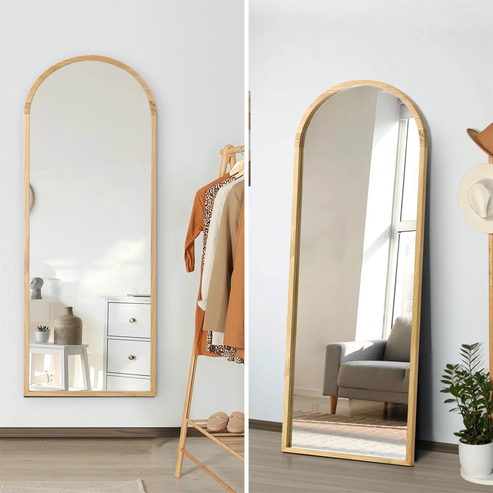 3 Oikiture Wooden Full Length Mirror 166x60cm Arched Dressing Floor Mirrors
 - Natural, 3 of 8