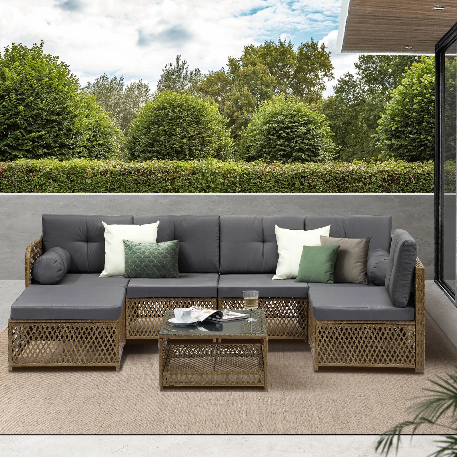 4 Livsip Outdoor Sofa Set 6 Seater Wicker Lounge Setting - Brown, 4 of 8