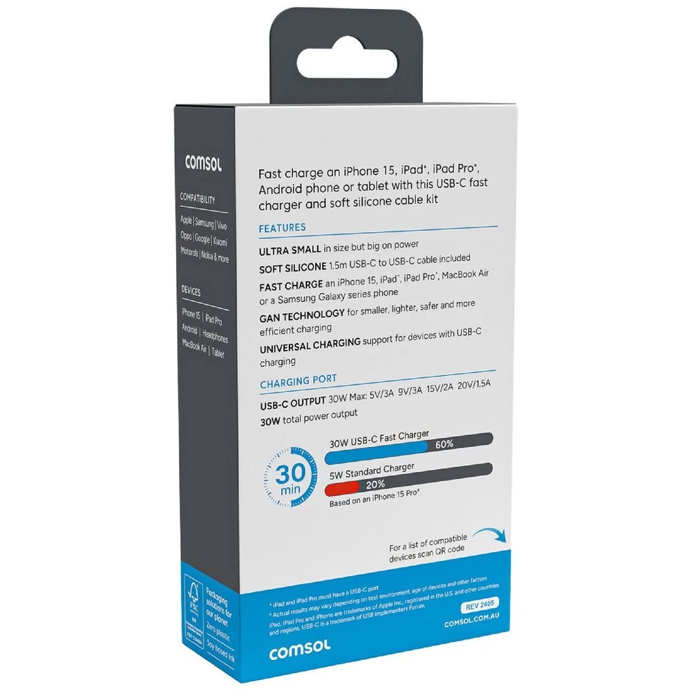 3 Comsol 30W USB-C Wall Charger with Cable White, 3 of 6