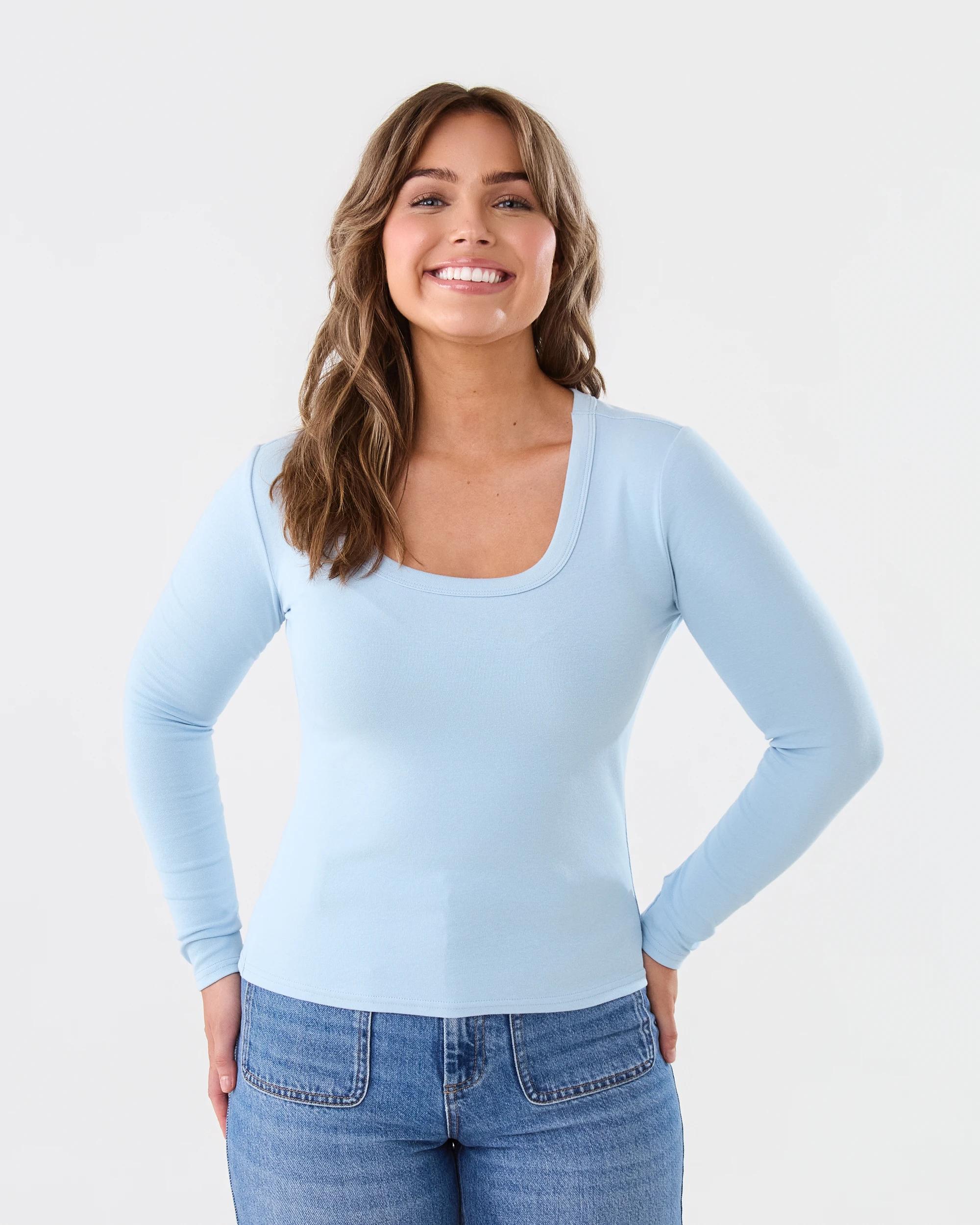 1 Long Sleeve Rib Scoop Neck T-shirt Chmbr Blue, 1 of 5