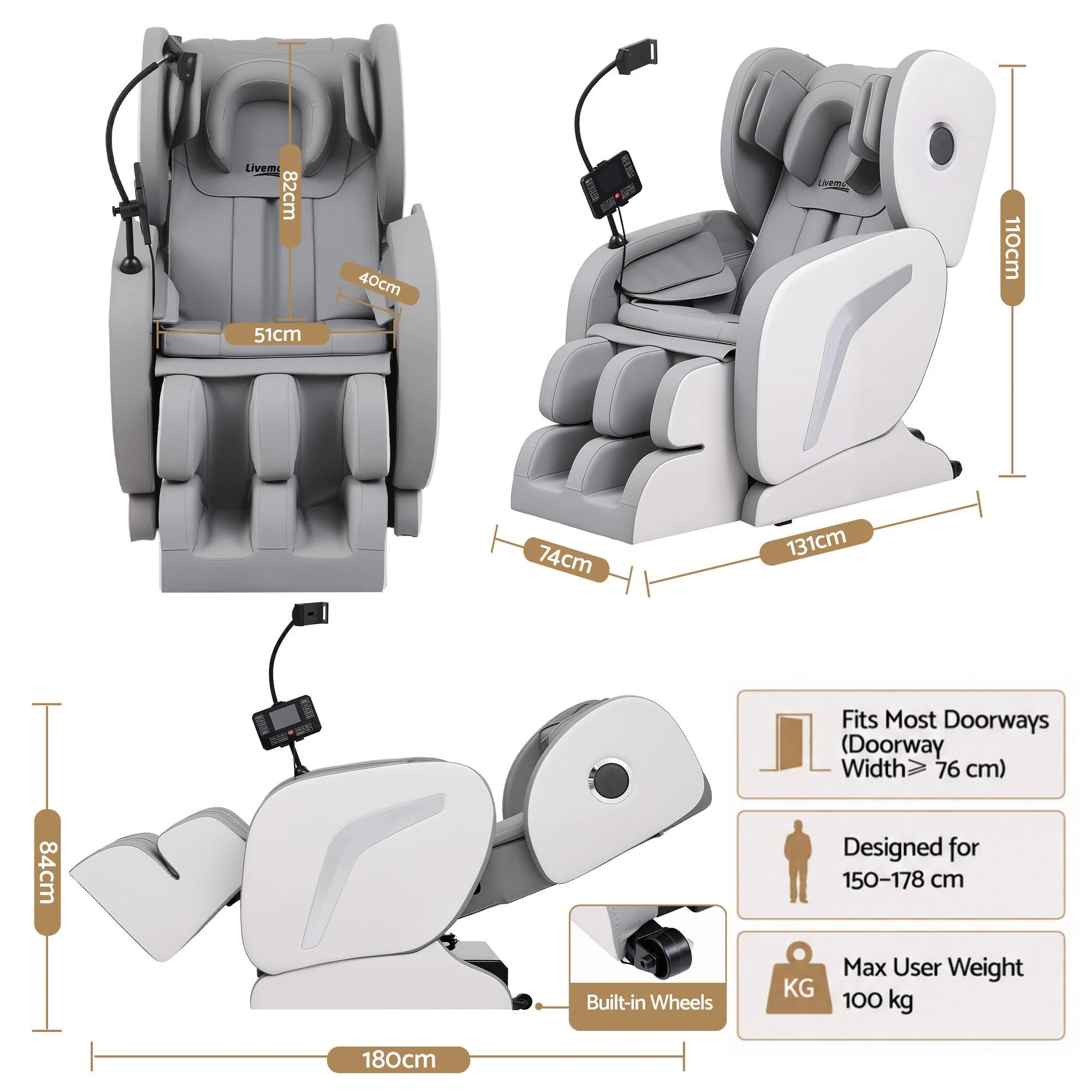2 Livemor Full Body Massage Chair VEGA, Foot Roller, Waist & Calf Heat, Recliner, Airbags Compression - Grey, 2 of 10