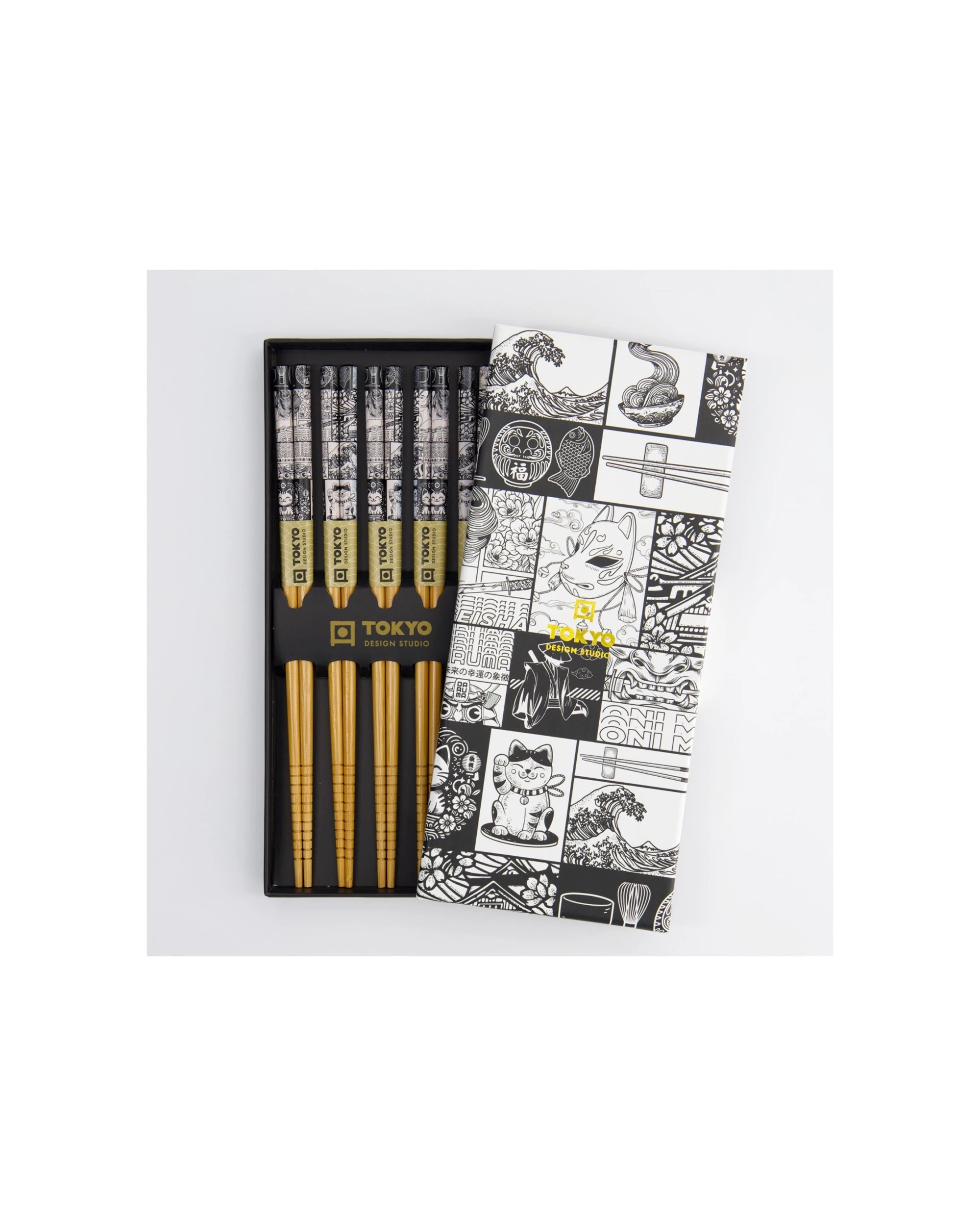 3 Tokyo Design 5pc Chopstick Set Tokyo Fan Lacquered Wood Reusable - Black, 3 of 5