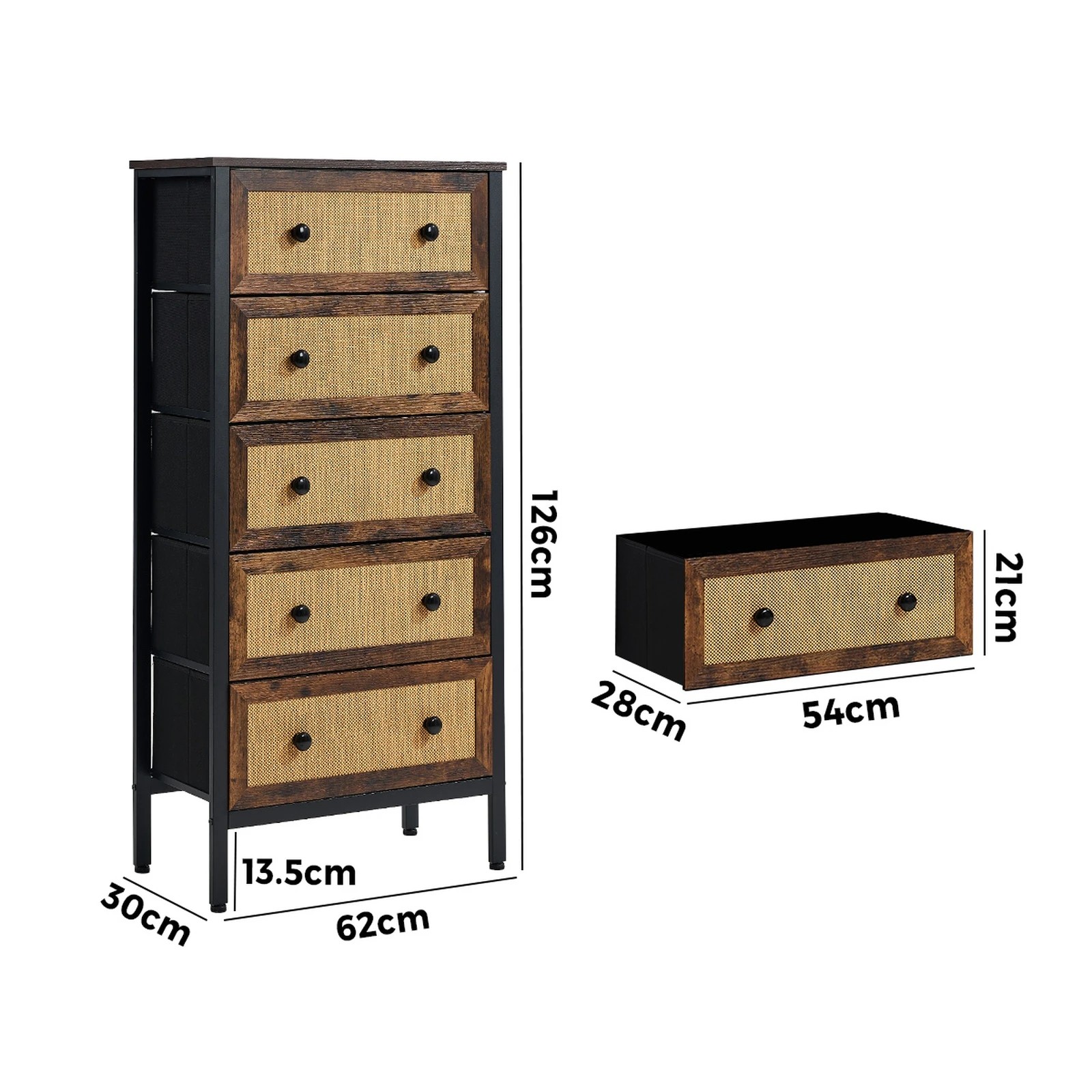 2 Oikiture 5 Chest of Drawers Storage Cabinet Rattan Fabric Dresser Tallboy - Multi, 2 of 6