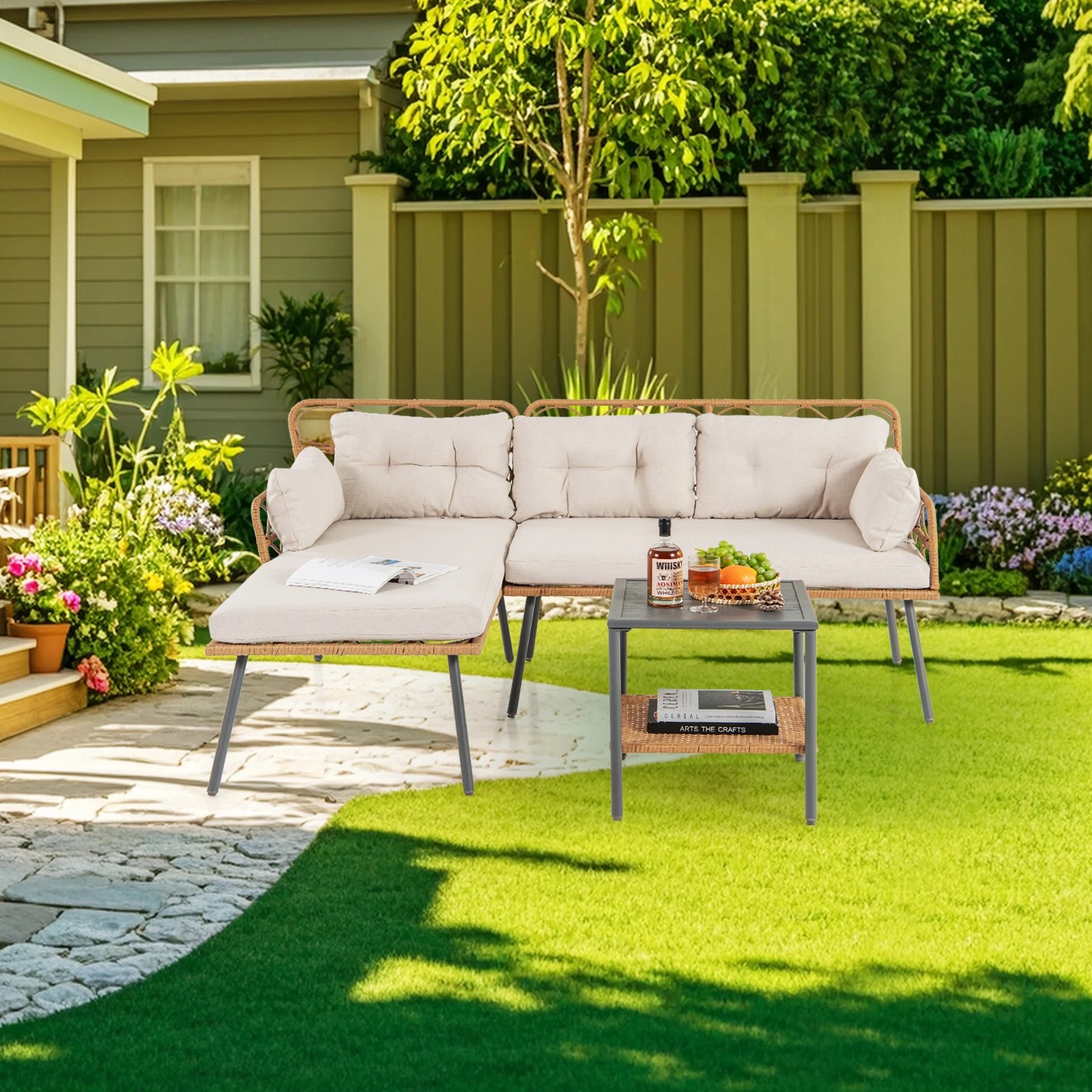 3 Costway 3PCS Patio Furniture PE Rattan L-Shaped Cushioned Sofa Set w/Coffee Table, 3 of 6