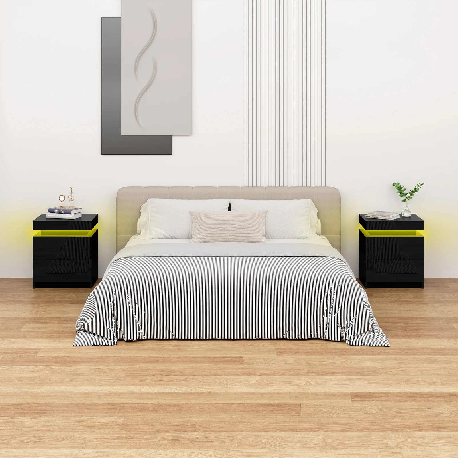 3 Alfordson Bedside Table RGB LED Nightstand 2 Drawers 4 Side High Gloss - Black, 3 of 10