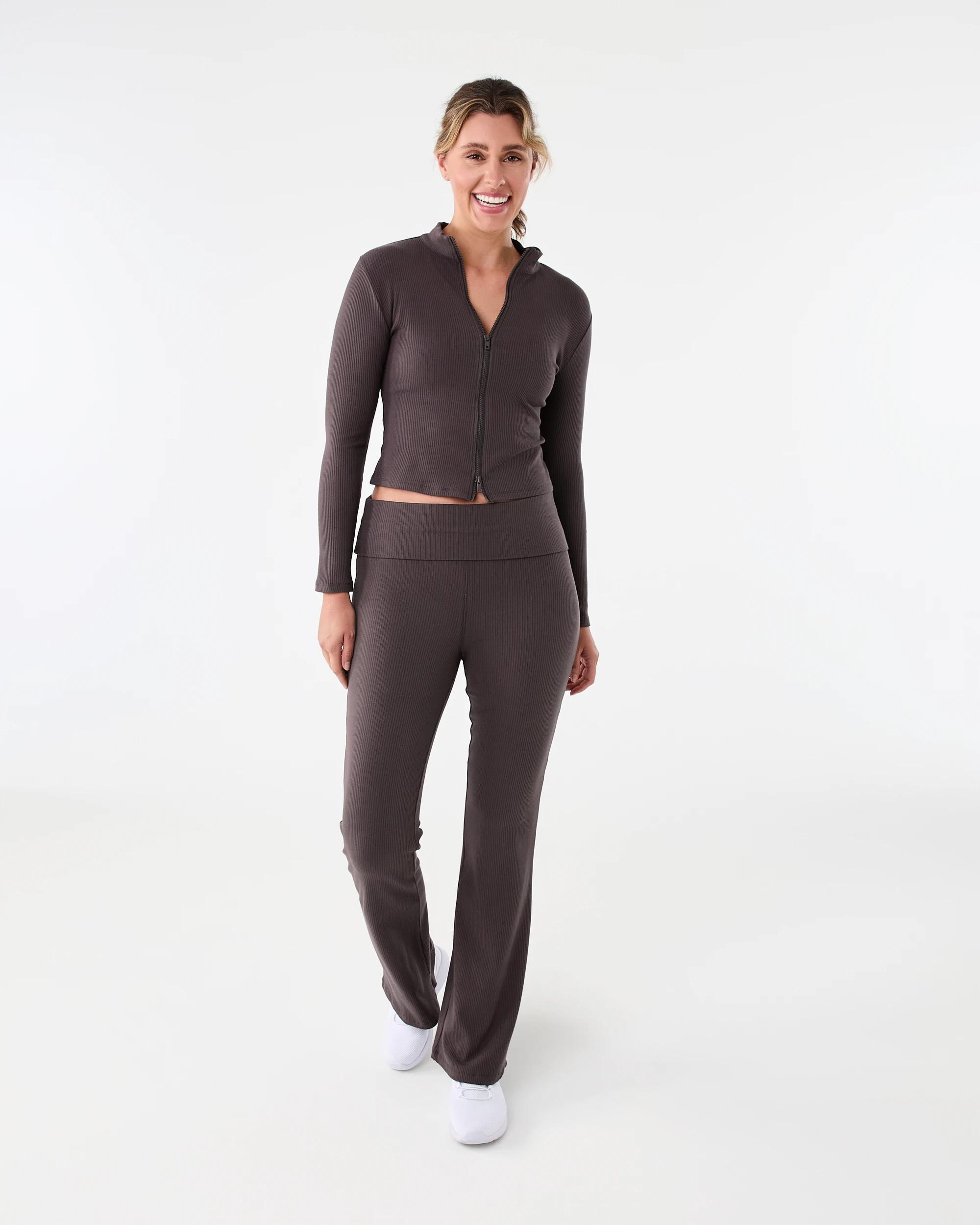9 Active Womens Ribbed Zip Through Long Sleeve Top Espresso, 9 of 10