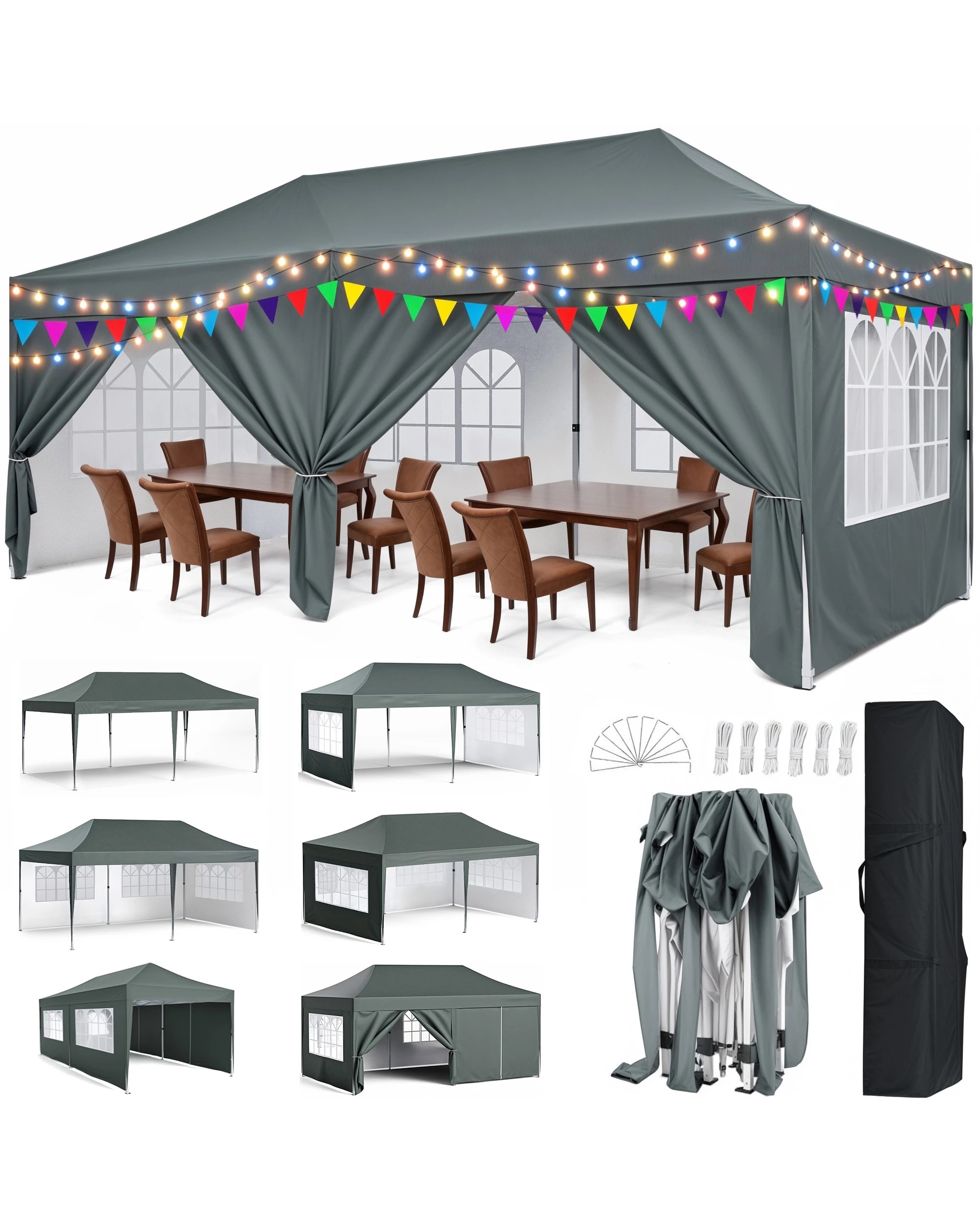 1 Advwin 3×6m Pop Up Canopy Tent with 6 Sidewalls - Gray, 1 of 7